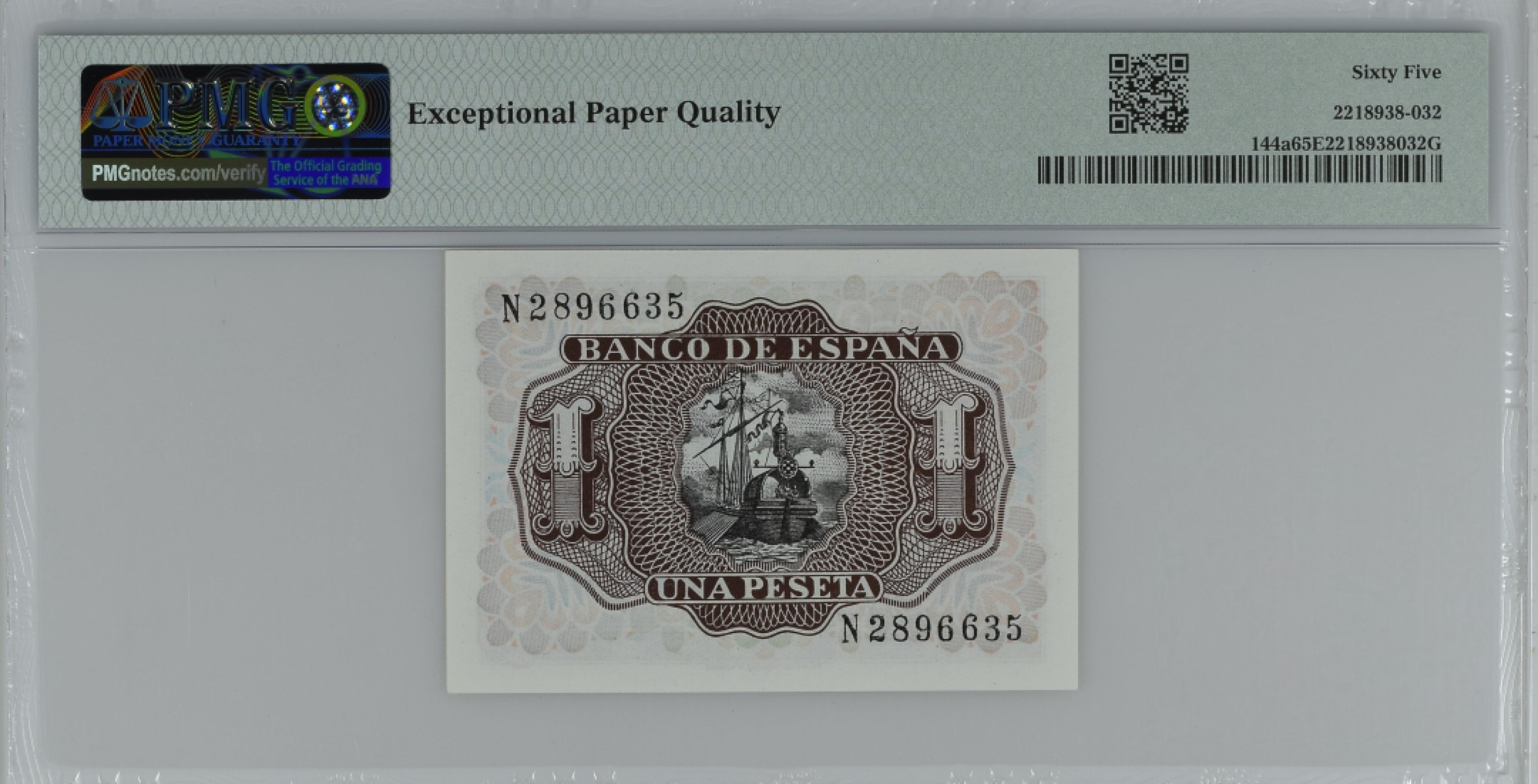 紫瑗钱币——第284期拍卖—纸币团购场 满10件包邮 【65 EPQ】西班牙 1953年  圣克鲁斯侯爵 阿尔瓦罗·德·巴赞 1比塞塔 PMG N2896635