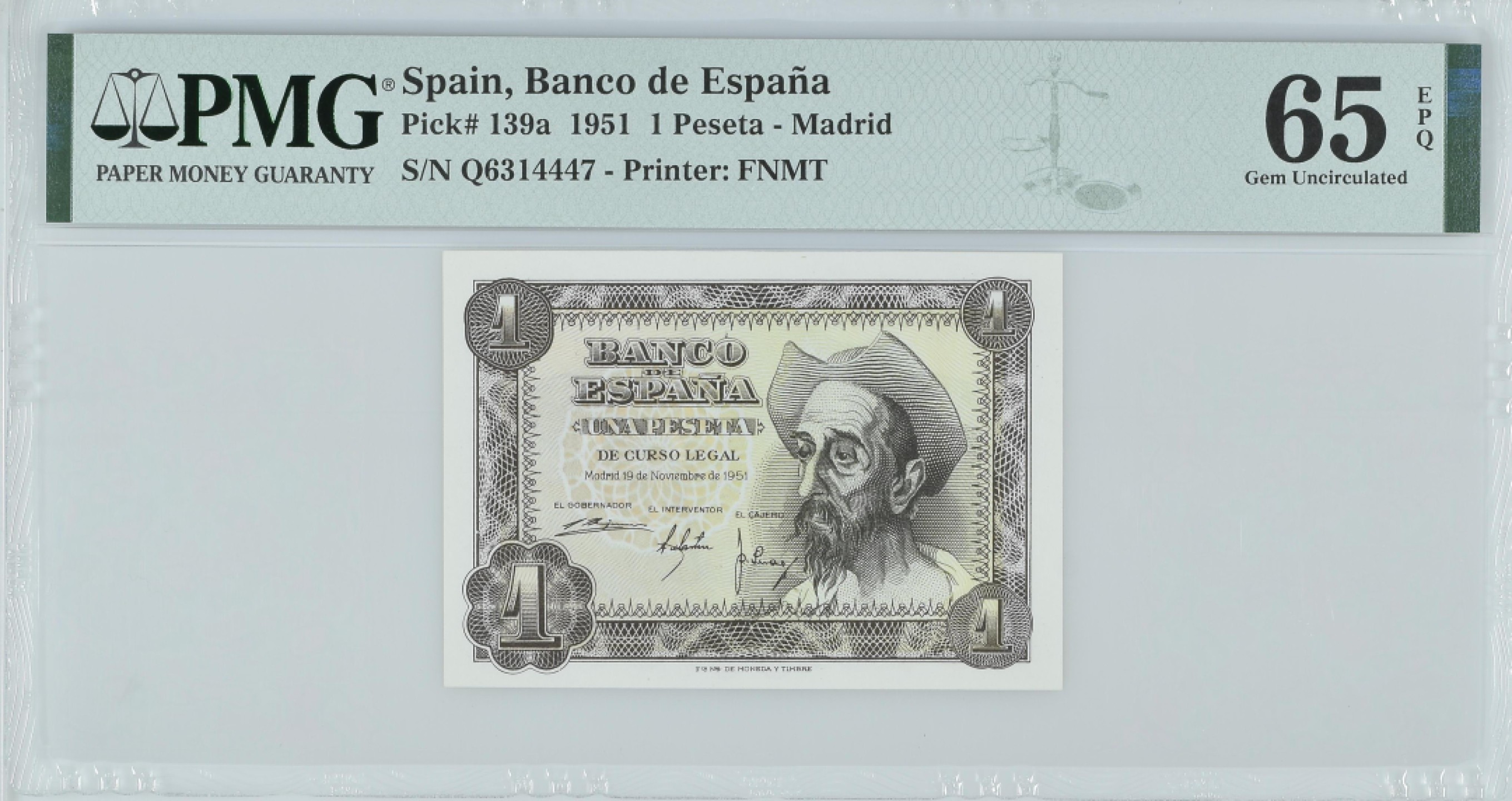 紫瑗钱币——第282期拍卖—纸币团购场（塞尔维亚 西班牙） 满10件包邮 【65 EPQ】西班牙 1951年 唐吉坷德 1比塞塔 PMG (p-139a) Q6314447