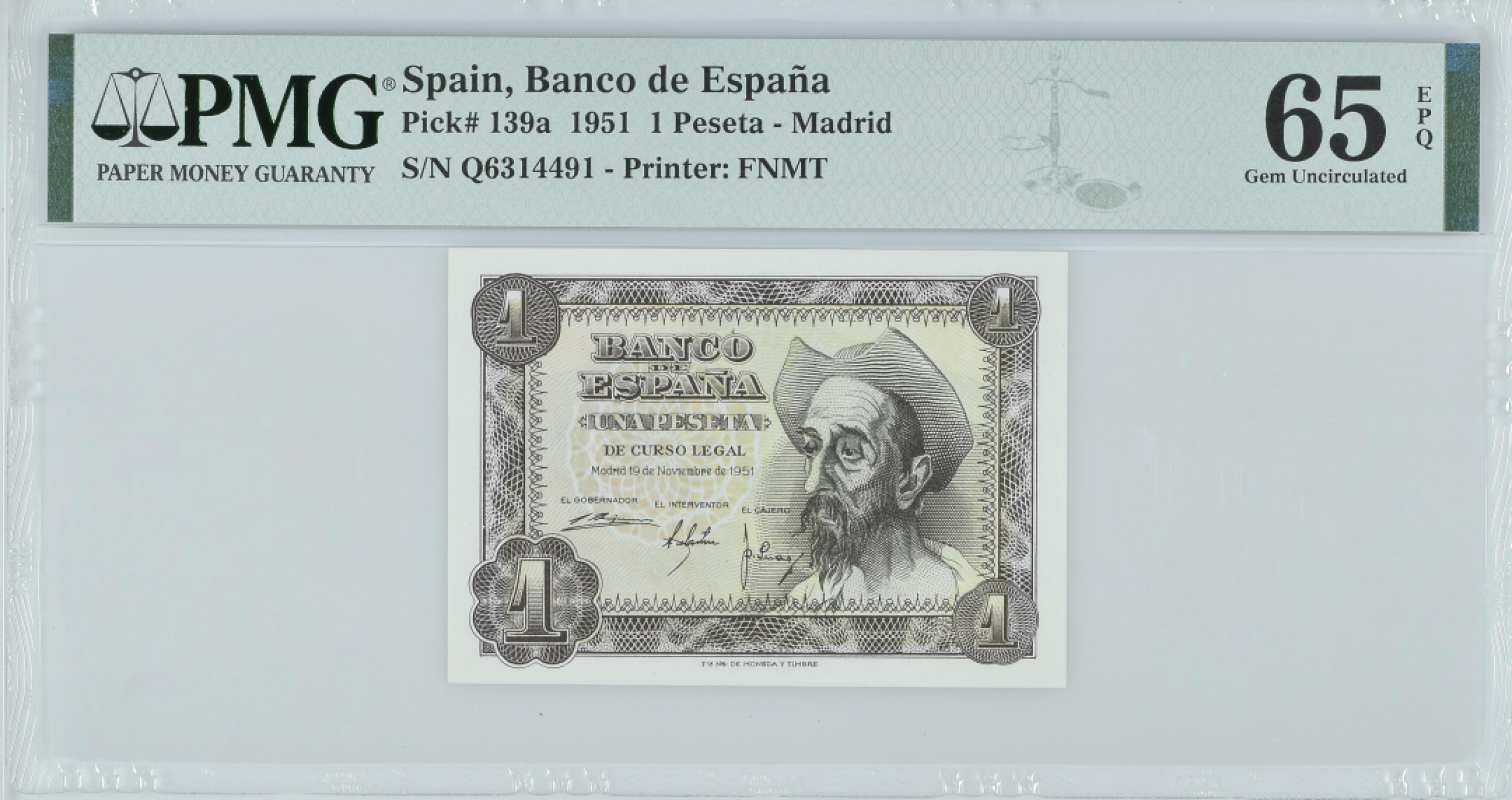 紫瑗钱币——第282期拍卖—纸币团购场（塞尔维亚 西班牙） 满10件包邮 【65 EPQ】西班牙 1951年 唐吉坷德 1比塞塔 PMG (p-139a) Q6314491