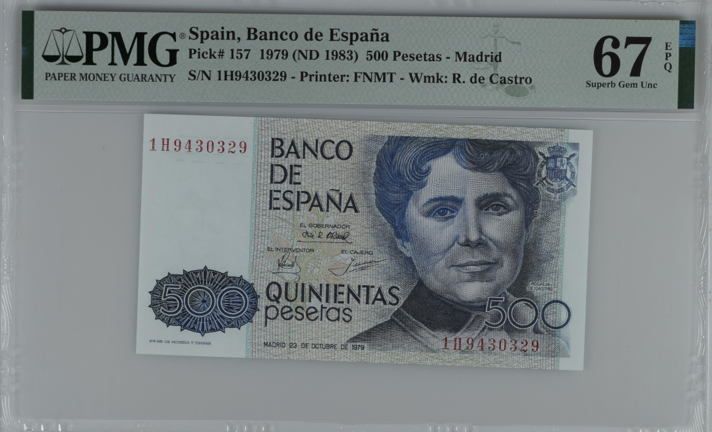 紫瑗钱币——第284期拍卖—纸币团购场 满10件包邮 【67 EPQ】西班牙 1979(1983)年 罗莎莉亚·德·卡斯特罗 500比塞塔 PMG 1H9430329