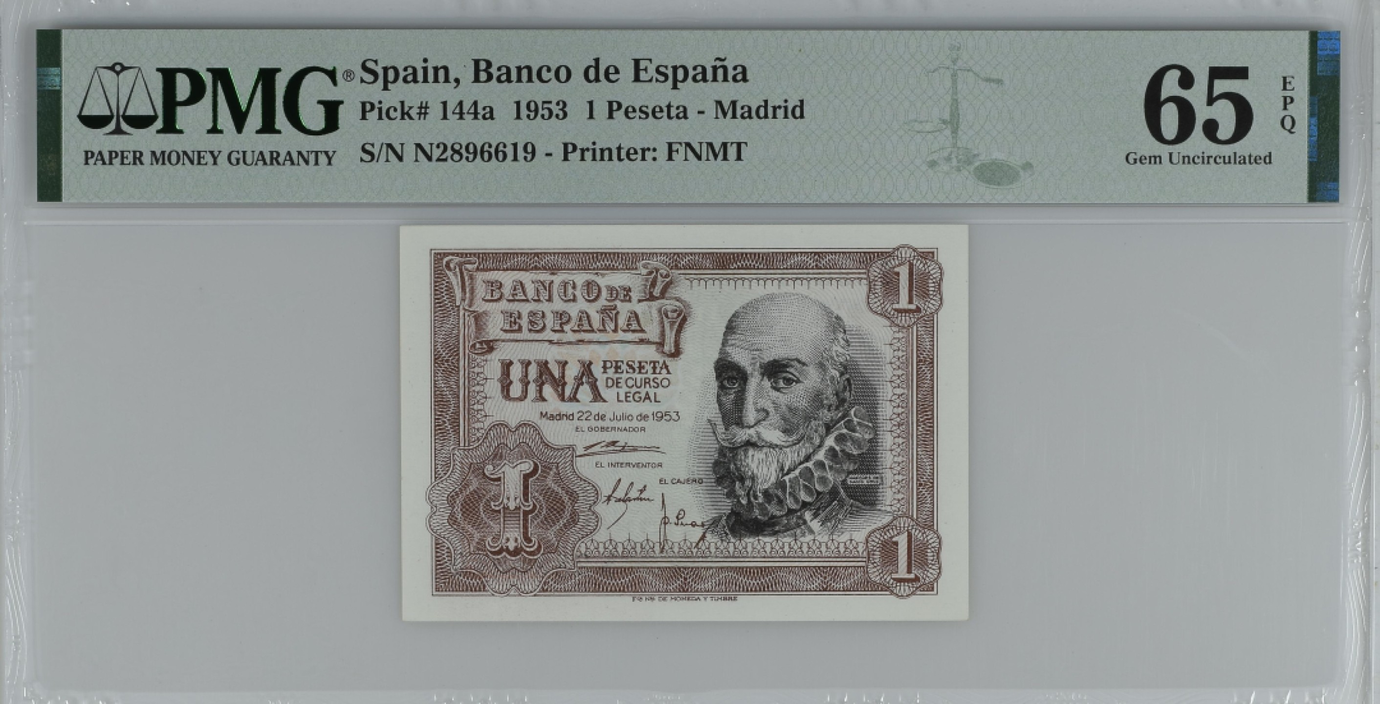 紫瑗钱币——第284期拍卖—纸币团购场 满10件包邮 【65 EPQ】西班牙 1953年  圣克鲁斯侯爵 阿尔瓦罗·德·巴赞 1比塞塔 PMG N2896619