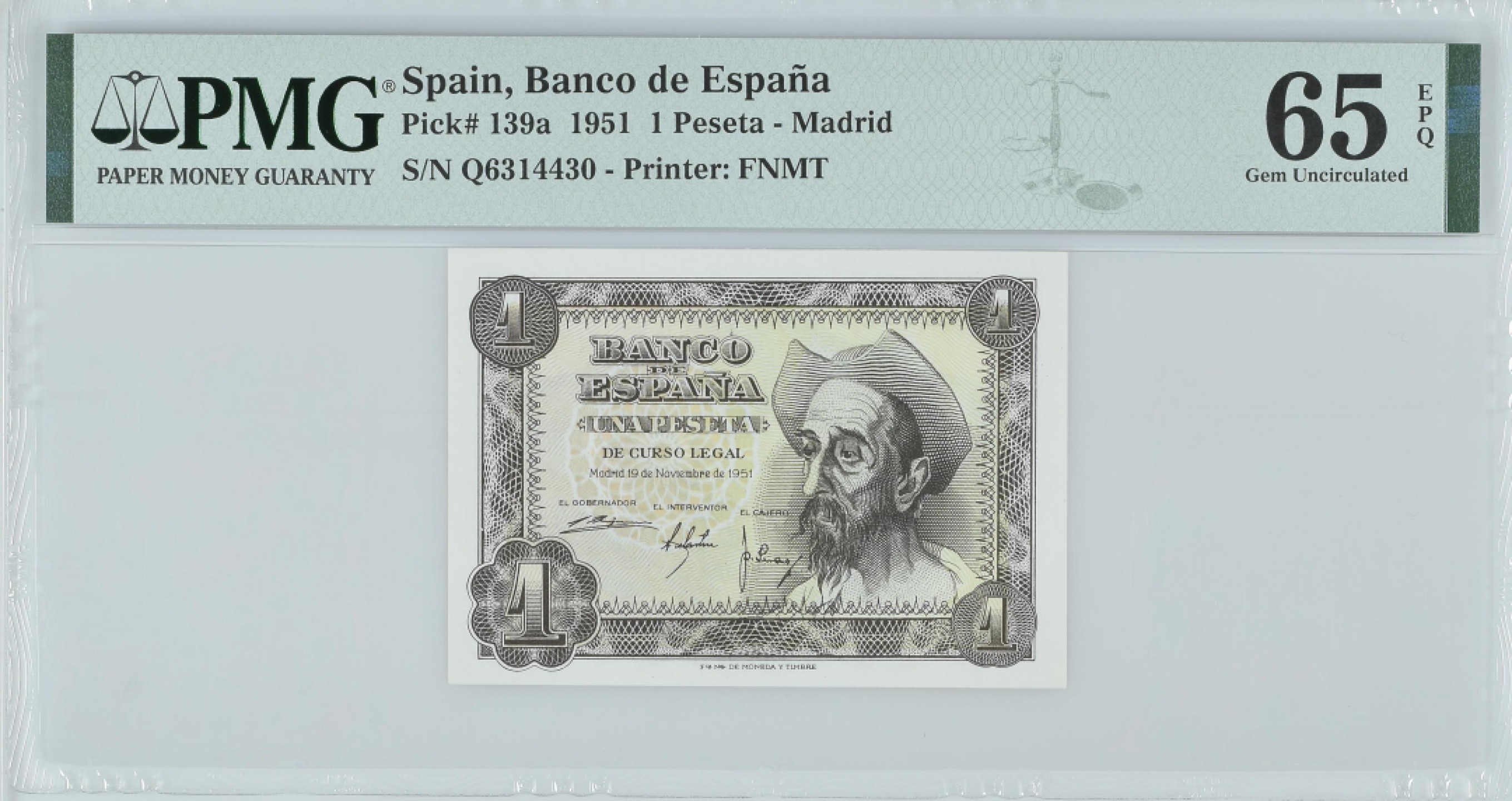 紫瑗钱币——第282期拍卖—纸币团购场（塞尔维亚 西班牙） 满10件包邮 【65 EPQ】西班牙 1951年 唐吉坷德 1比塞塔 PMG (p-139a) Q6314430