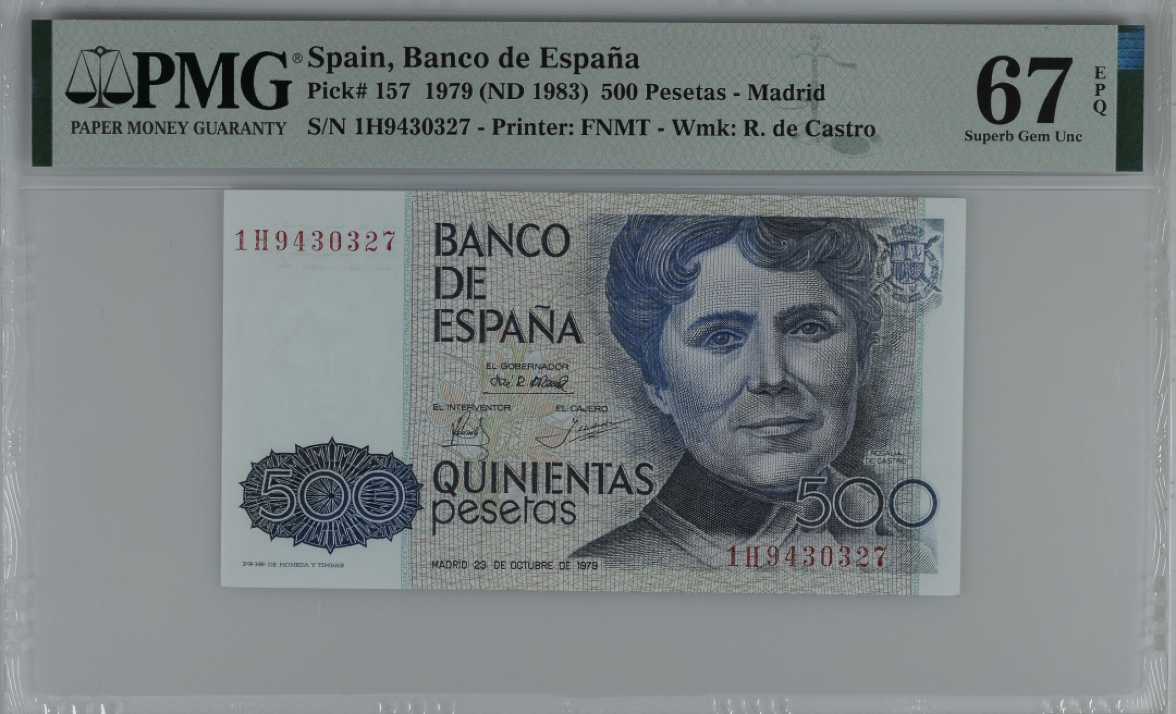 紫瑗钱币——第284期拍卖—纸币团购场 满10件包邮 【67 EPQ】西班牙 1979(1983)年 罗莎莉亚·德·卡斯特罗 500比塞塔 PMG 1H9430327