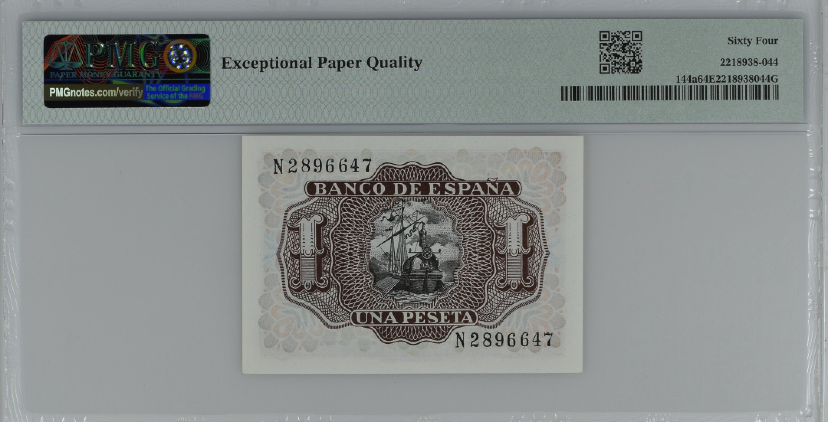 紫瑗钱币——第284期拍卖—纸币团购场 满10件包邮 【64 EPQ】西班牙 1953年  圣克鲁斯侯爵 阿尔瓦罗·德·巴赞 1比塞塔 PMG N2896647