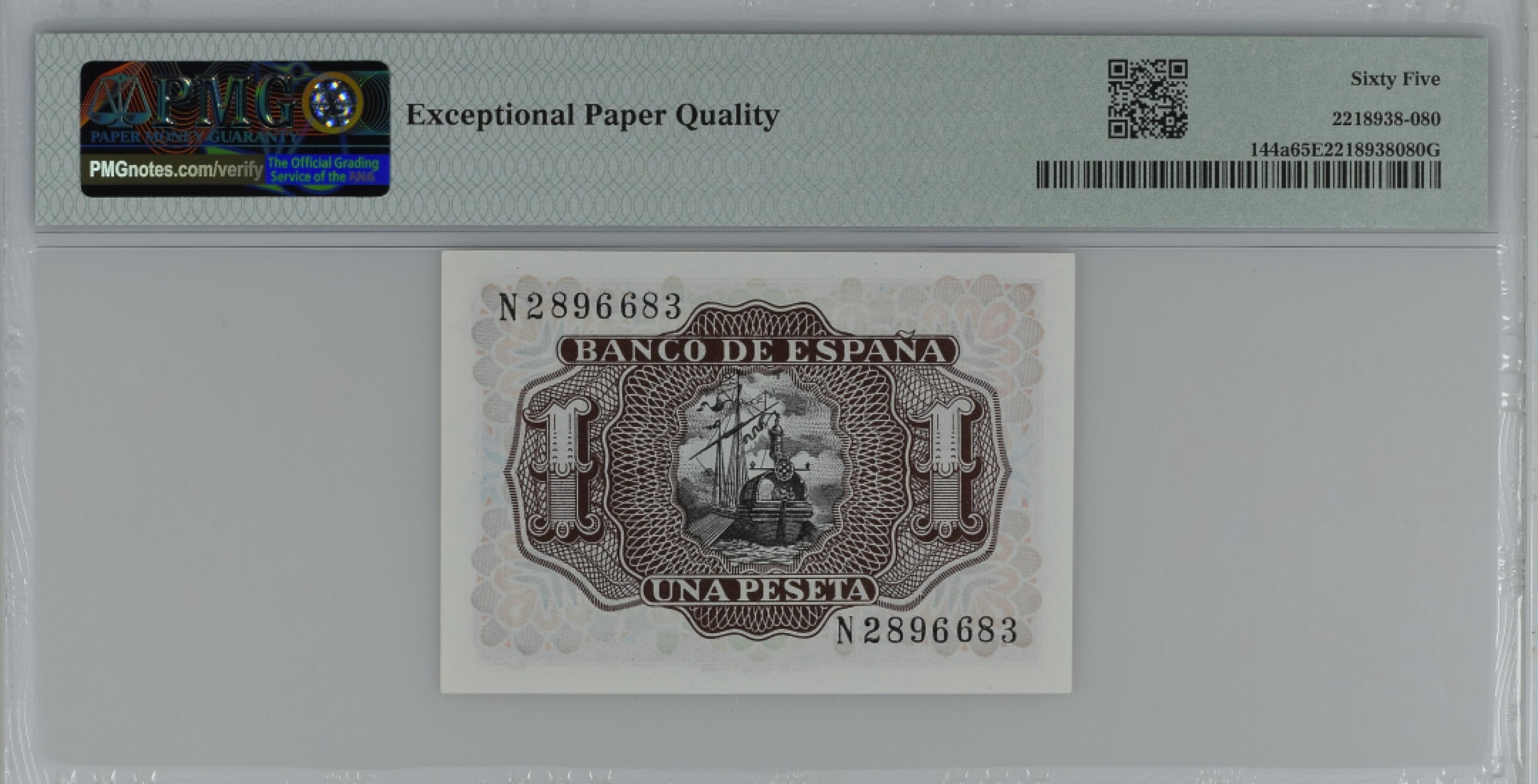 紫瑗钱币——第284期拍卖—纸币团购场 满10件包邮 【65 EPQ】西班牙 1953年  圣克鲁斯侯爵 阿尔瓦罗·德·巴赞 1比塞塔 PMG N2896683