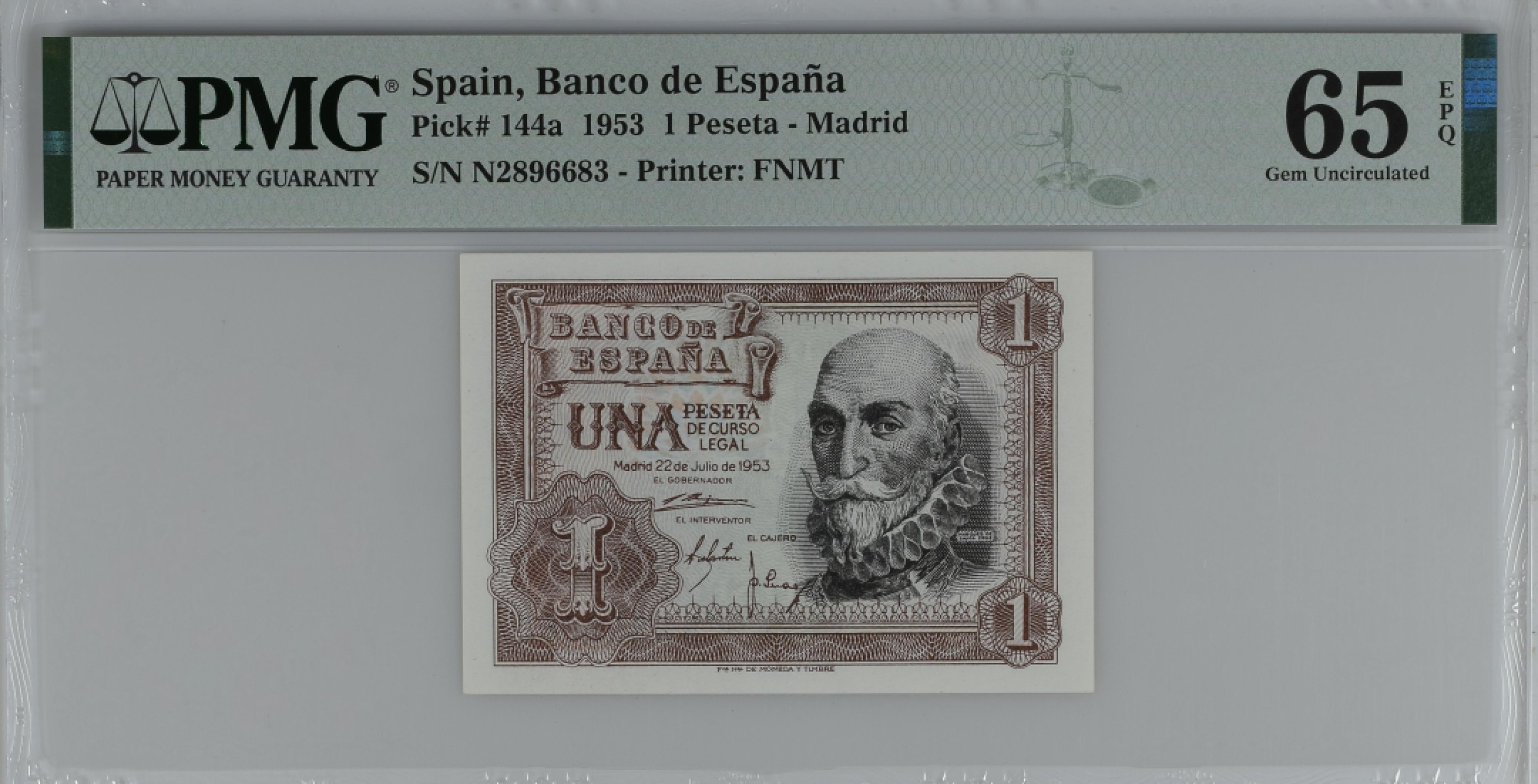 紫瑗钱币——第284期拍卖—纸币团购场 满10件包邮 【65 EPQ】西班牙 1953年  圣克鲁斯侯爵 阿尔瓦罗·德·巴赞 1比塞塔 PMG N2896683