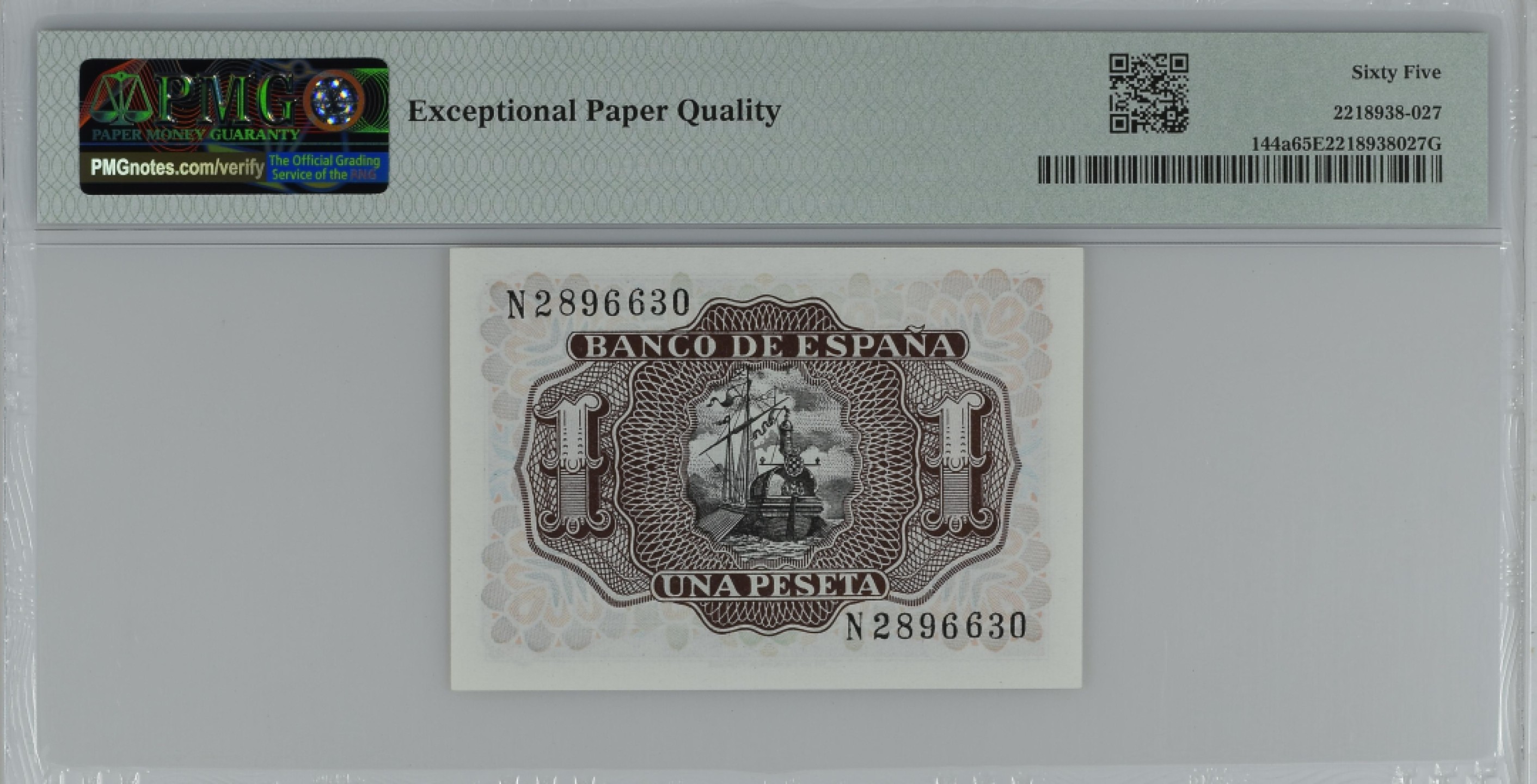紫瑗钱币——第284期拍卖—纸币团购场 满10件包邮 【65 EPQ】西班牙 1953年  圣克鲁斯侯爵 阿尔瓦罗·德·巴赞 1比塞塔 PMG N2896630