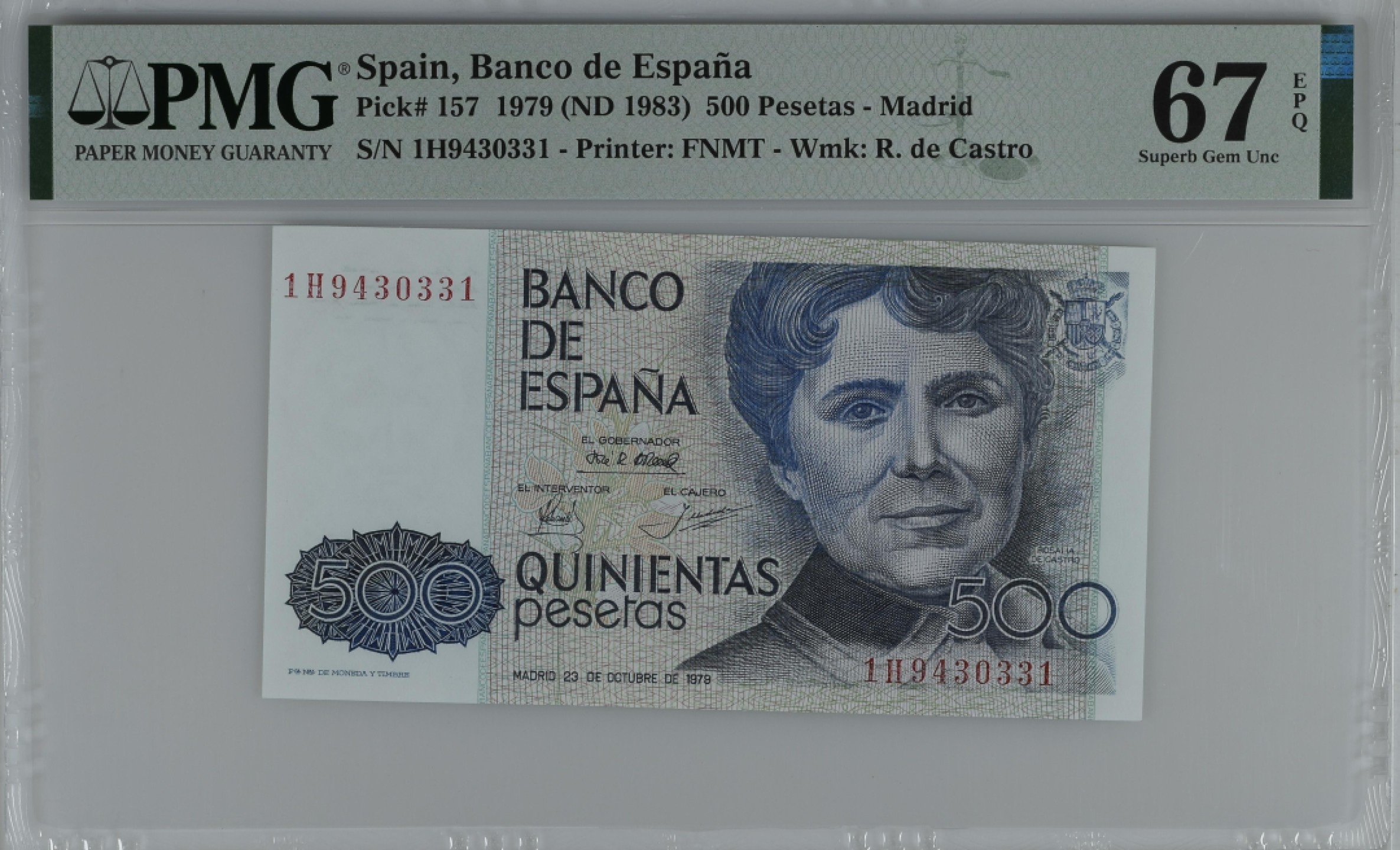 紫瑗钱币——第284期拍卖—纸币团购场 满10件包邮 【67 EPQ】西班牙 1979(1983)年 罗莎莉亚·德·卡斯特罗 500比塞塔 PMG 1H9430331
