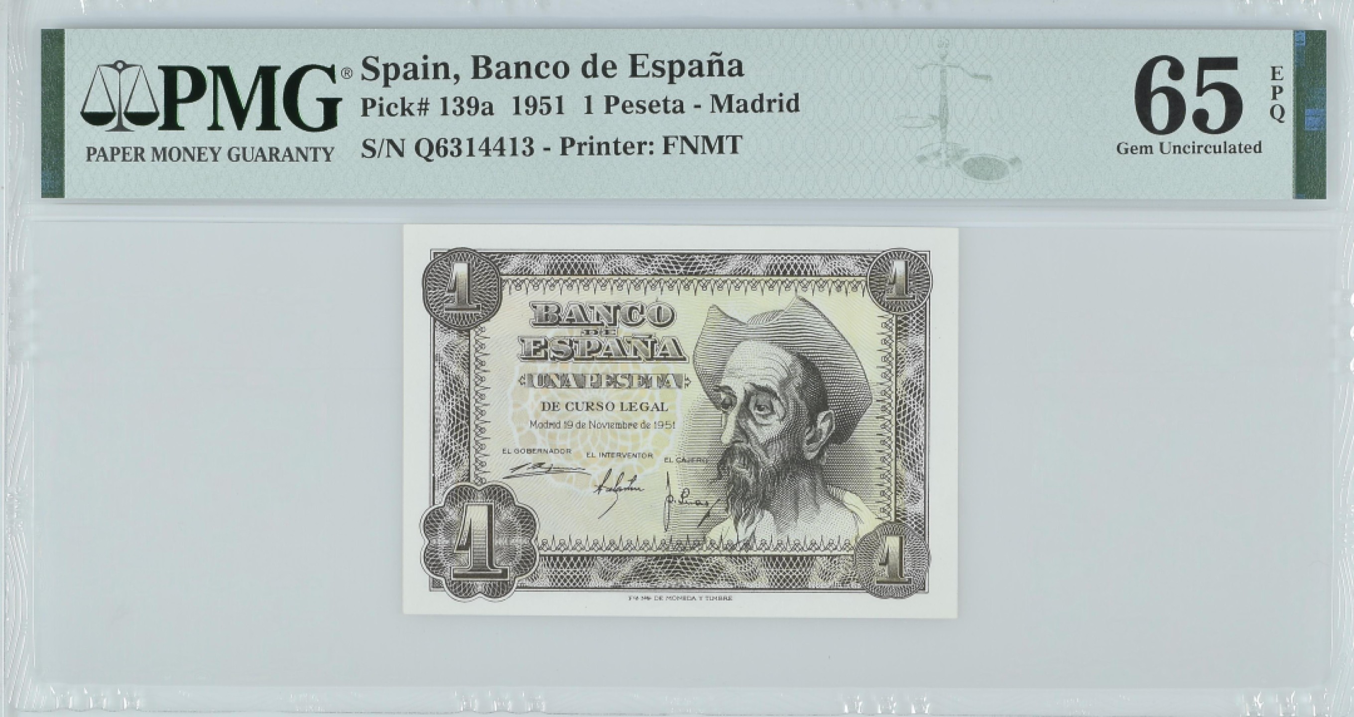 紫瑗钱币——第282期拍卖—纸币团购场（塞尔维亚 西班牙） 满10件包邮 【65 EPQ】西班牙 1951年 唐吉坷德 1比塞塔 PMG (p-139a) Q6314413