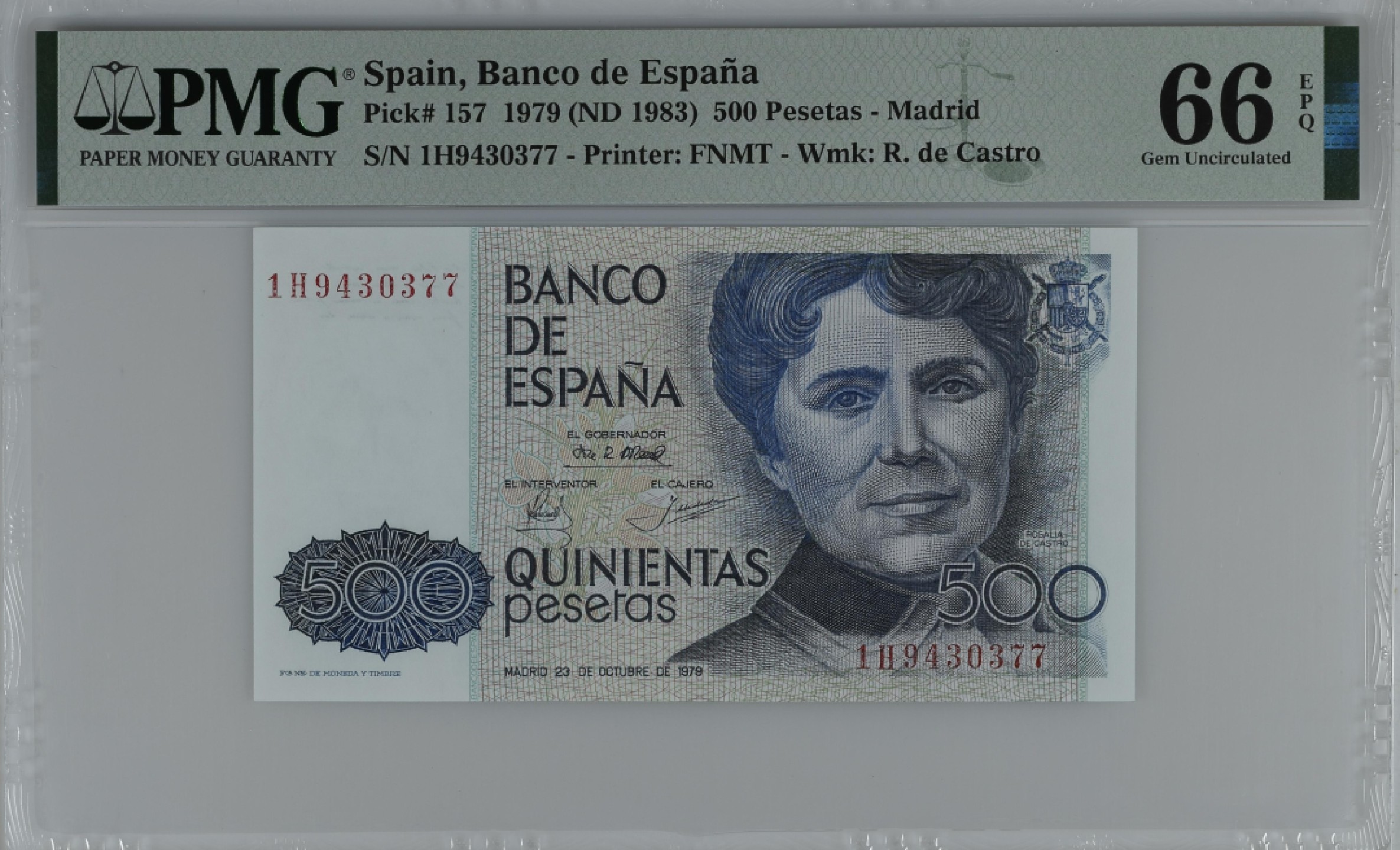 紫瑗钱币——第284期拍卖—纸币团购场 满10件包邮 【66 EPQ 叠尾7】西班牙 1979(1983)年 罗莎莉亚·德·卡斯特罗 500比塞塔 PMG 1H9430377
