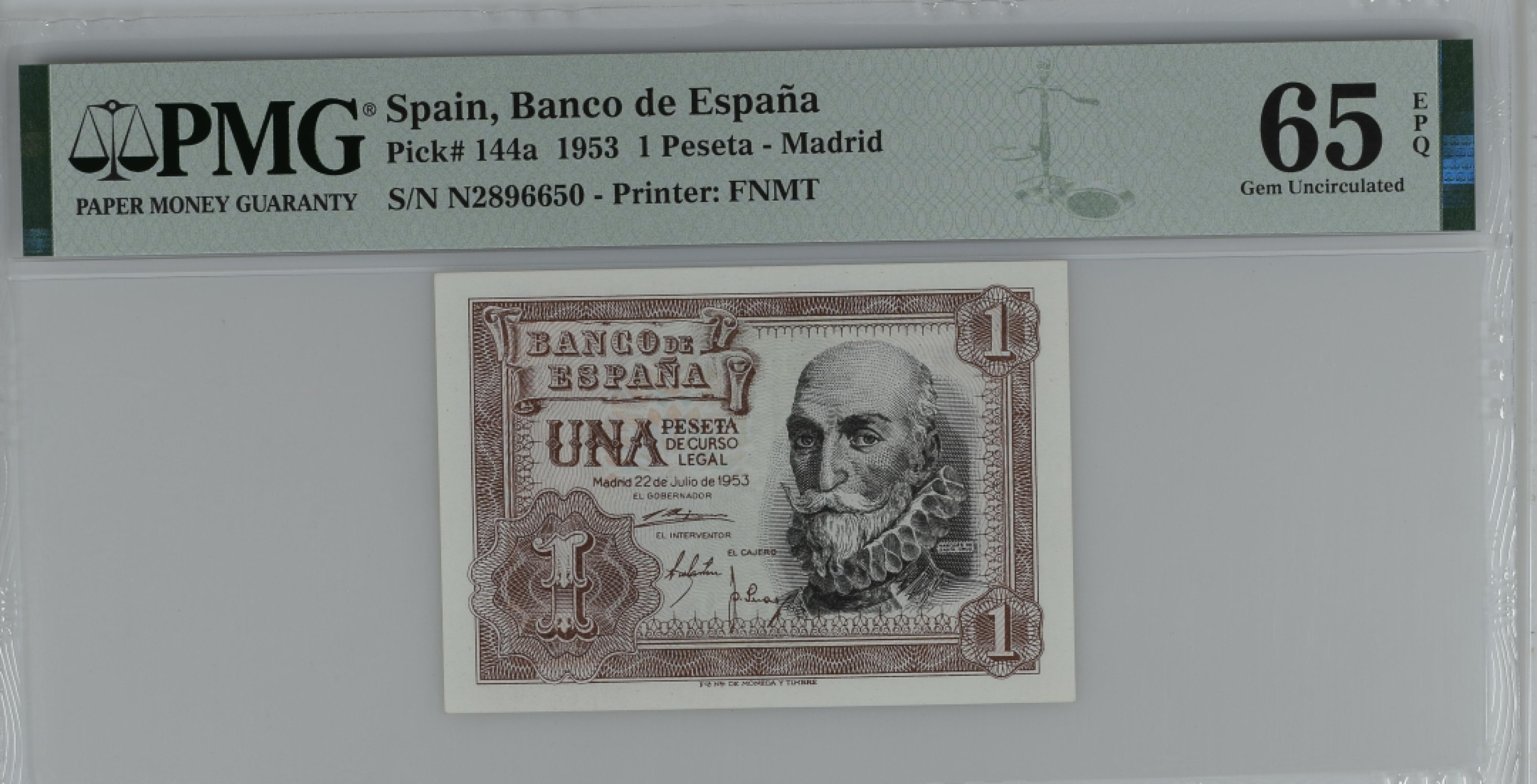 紫瑗钱币——第284期拍卖—纸币团购场 满10件包邮 【65 EPQ】西班牙 1953年  圣克鲁斯侯爵 阿尔瓦罗·德·巴赞 1比塞塔 PMG N2896650
