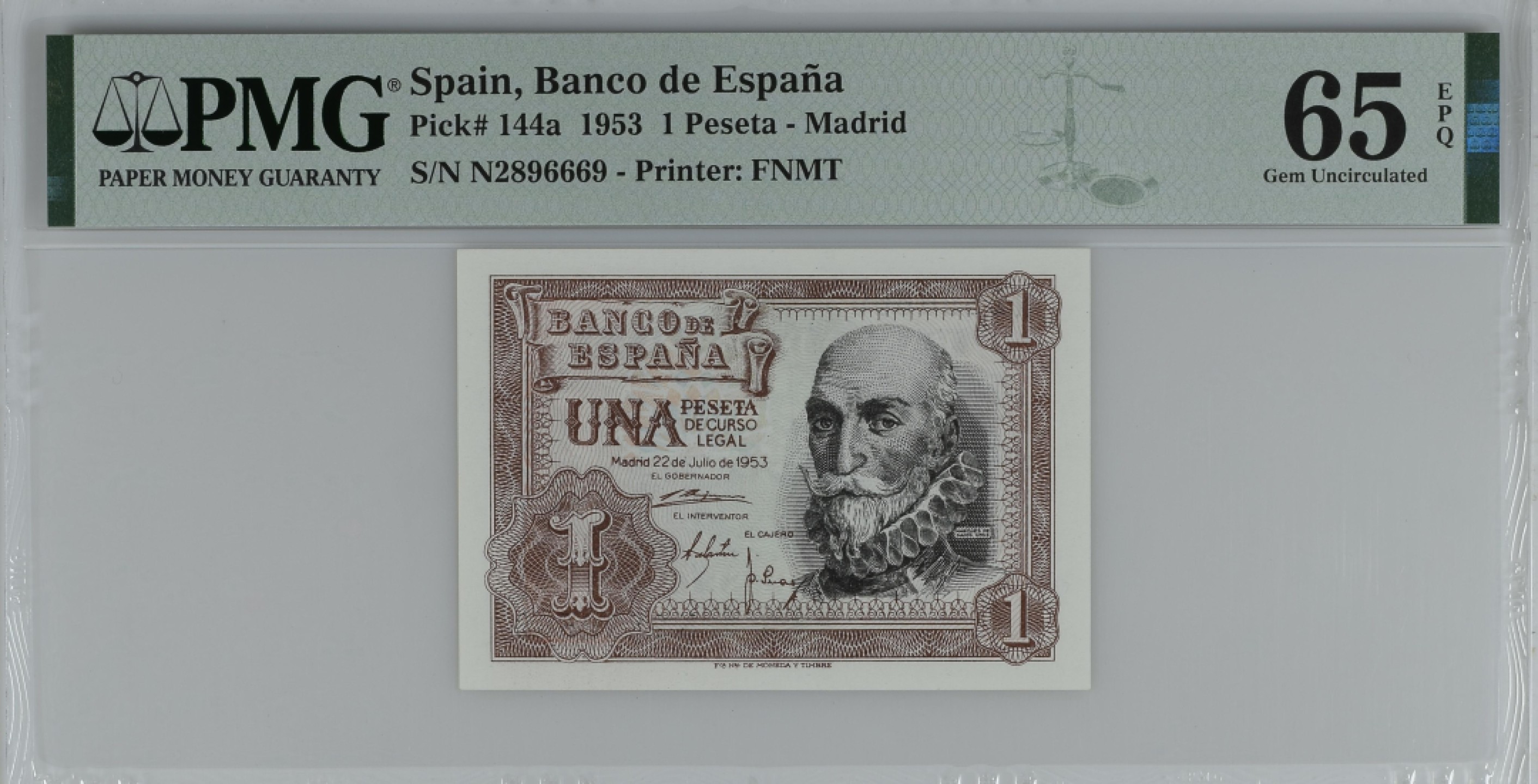 紫瑗钱币——第284期拍卖—纸币团购场 满10件包邮 【65 EPQ】西班牙 1953年  圣克鲁斯侯爵 阿尔瓦罗·德·巴赞 1比塞塔 PMG N2896669