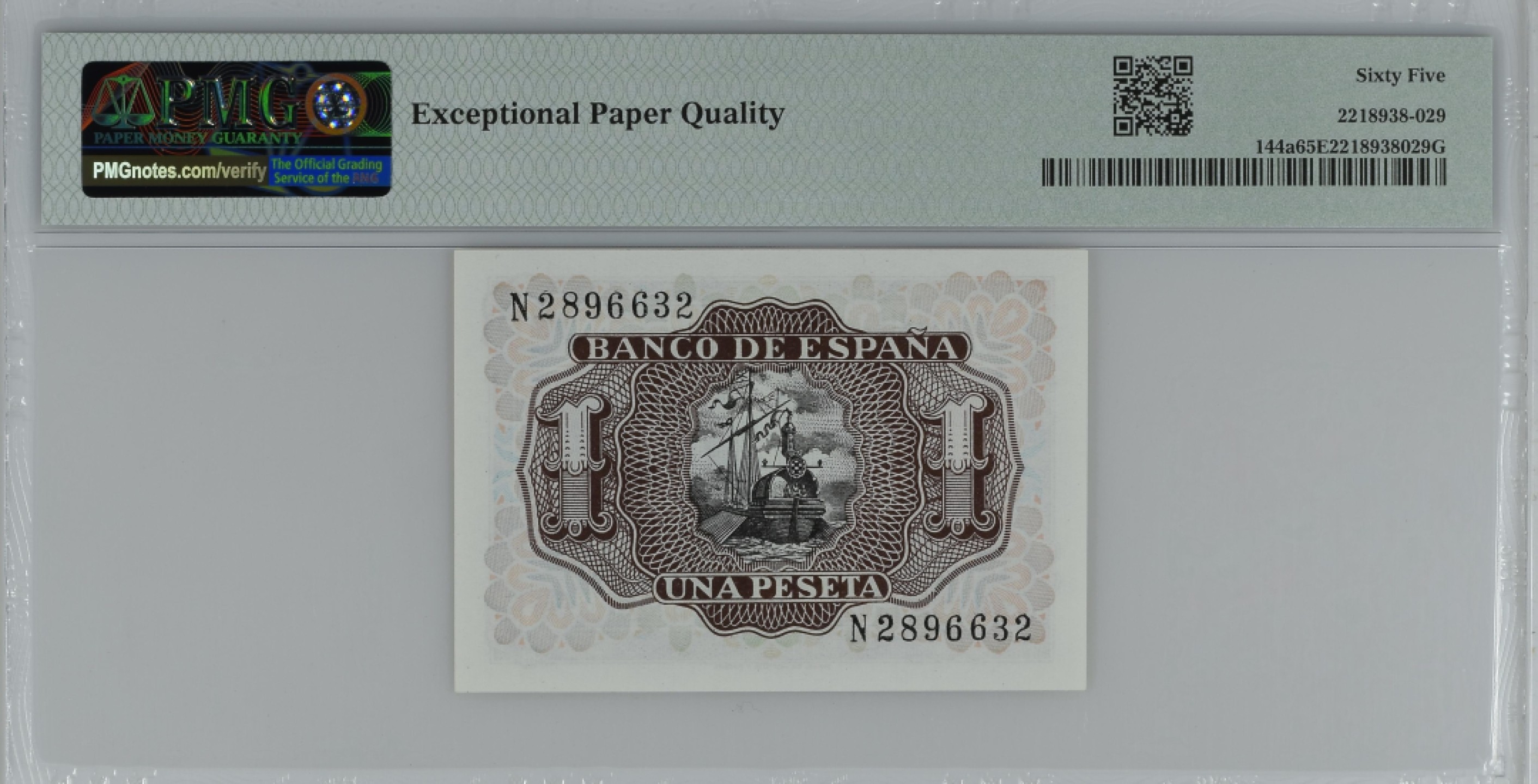 紫瑗钱币——第284期拍卖—纸币团购场 满10件包邮 【65 EPQ】西班牙 1953年  圣克鲁斯侯爵 阿尔瓦罗·德·巴赞 1比塞塔 PMG N2896632