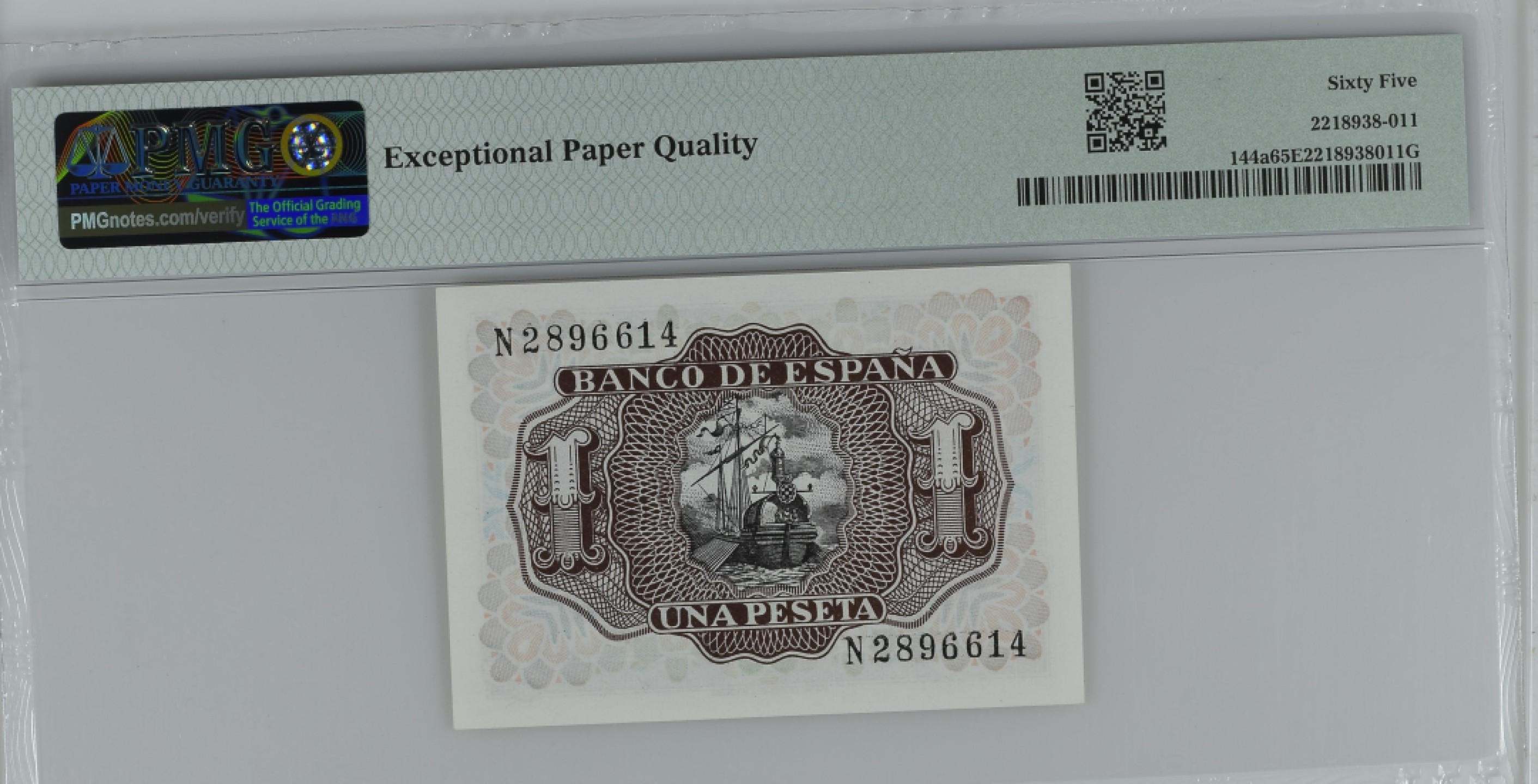 紫瑗钱币——第284期拍卖—纸币团购场 满10件包邮 【65 EPQ】西班牙 1953年  圣克鲁斯侯爵 阿尔瓦罗·德·巴赞 1比塞塔 PMG N2896614