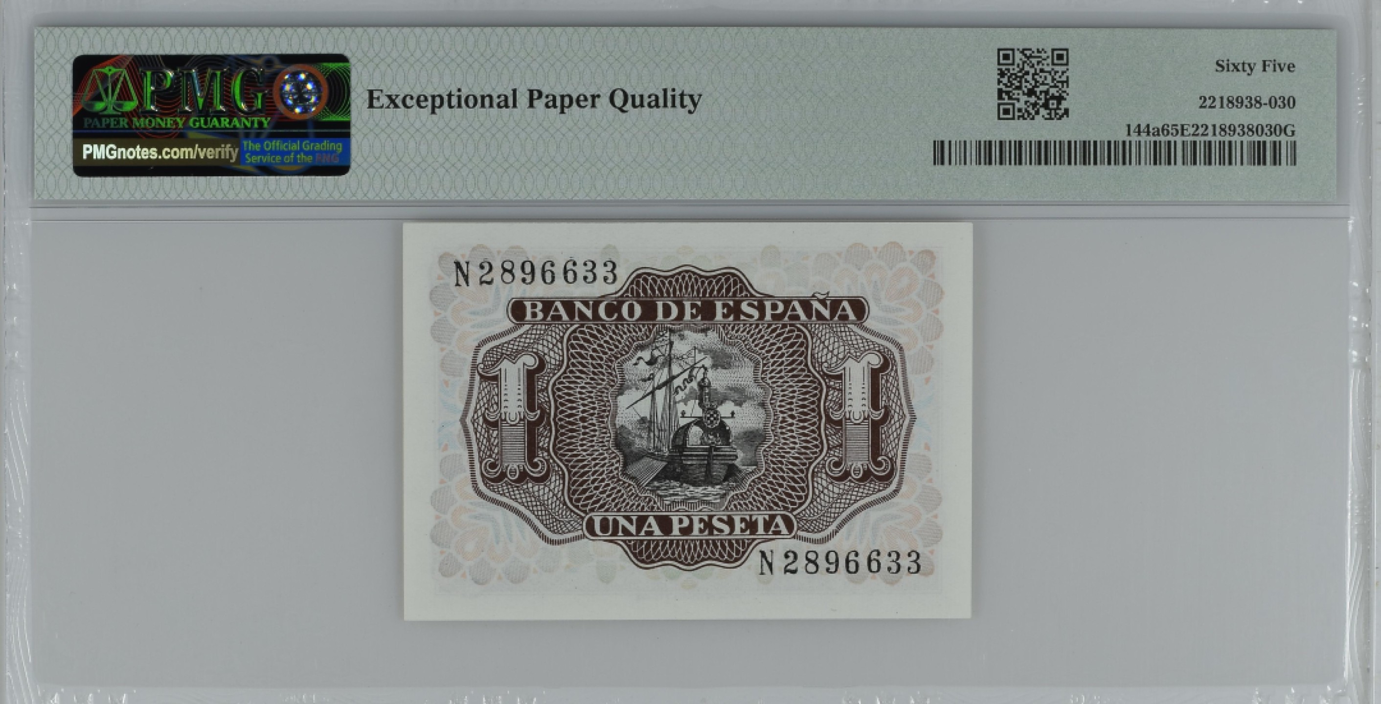 紫瑗钱币——第284期拍卖—纸币团购场 满10件包邮 【65 EPQ 叠尾3】西班牙 1953年  圣克鲁斯侯爵 阿尔瓦罗·德·巴赞 1比塞塔 PMG N2896633