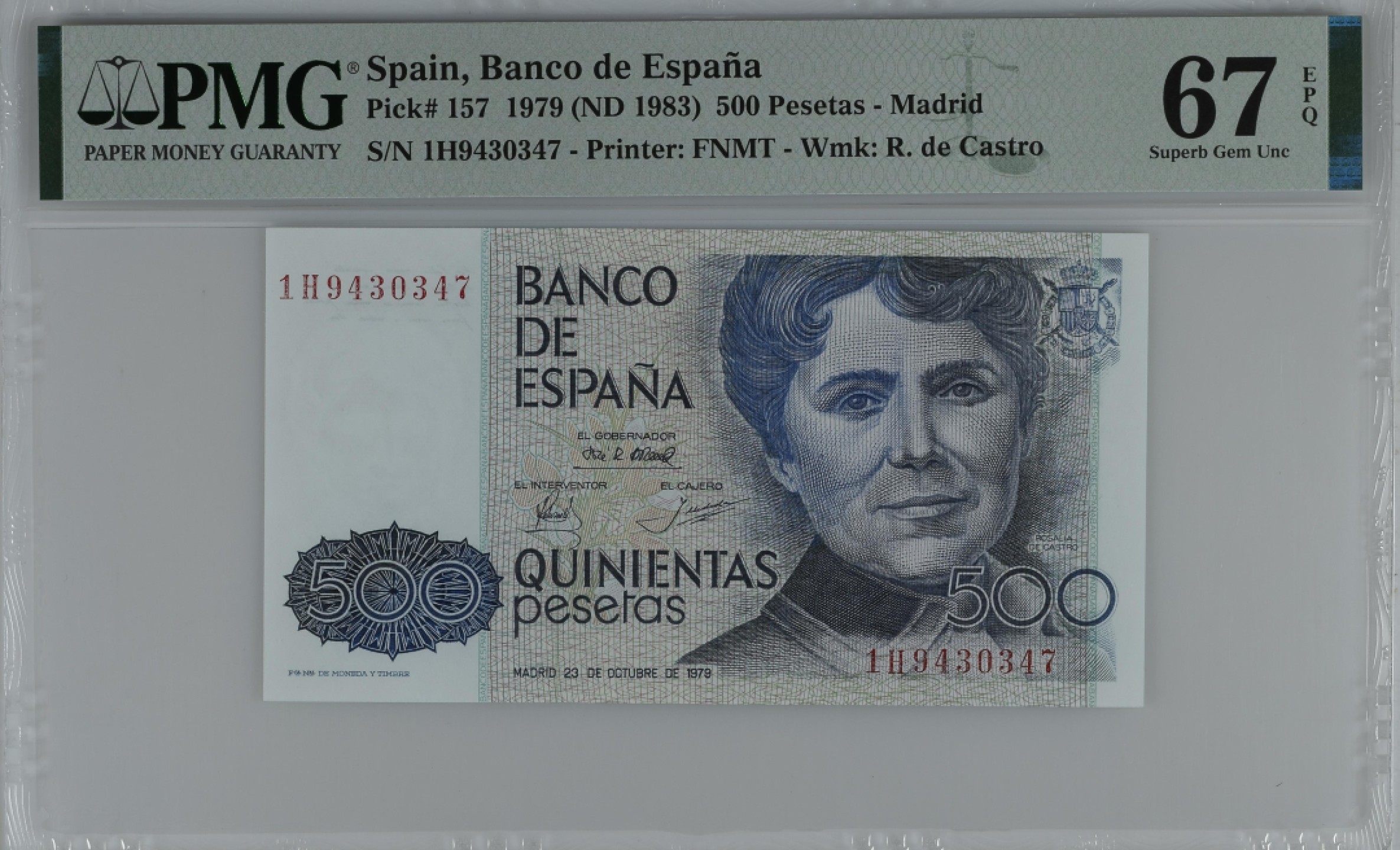 紫瑗钱币——第284期拍卖—纸币团购场 满10件包邮 【67 EPQ】西班牙 1979(1983)年 罗莎莉亚·德·卡斯特罗 500比塞塔 PMG 1H9430347