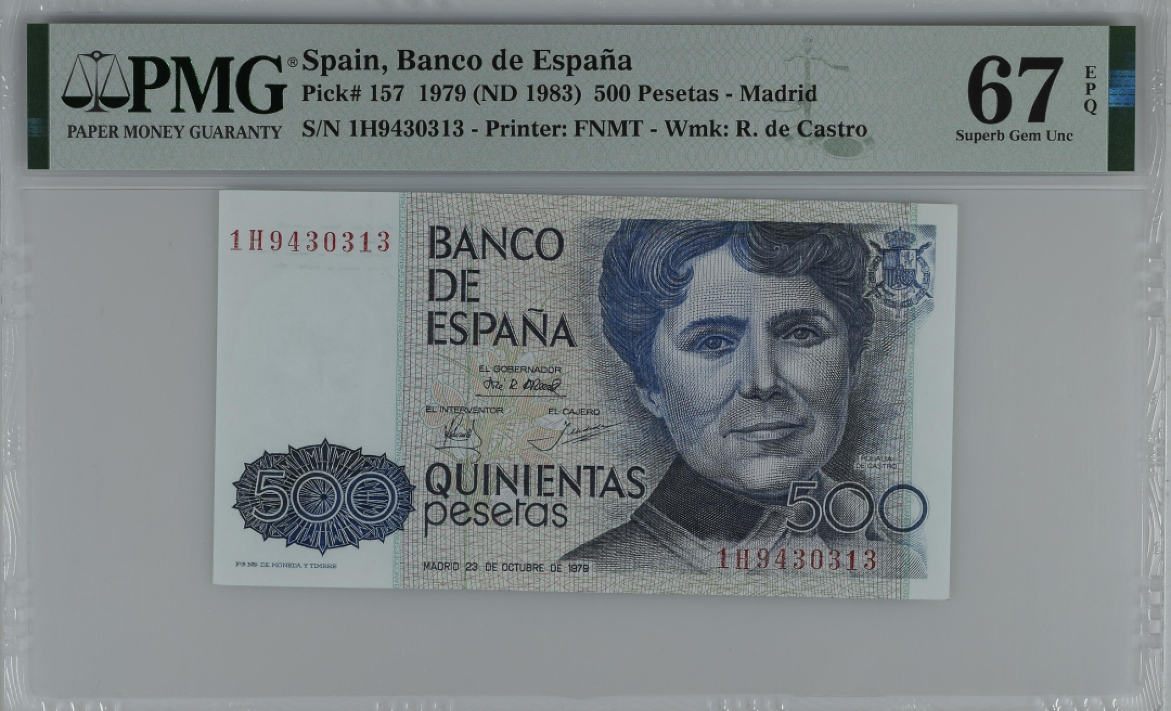 紫瑗钱币——第284期拍卖—纸币团购场 满10件包邮 【67 EPQ】西班牙 1979(1983)年 罗莎莉亚·德·卡斯特罗 500比塞塔 PMG 1H9430313