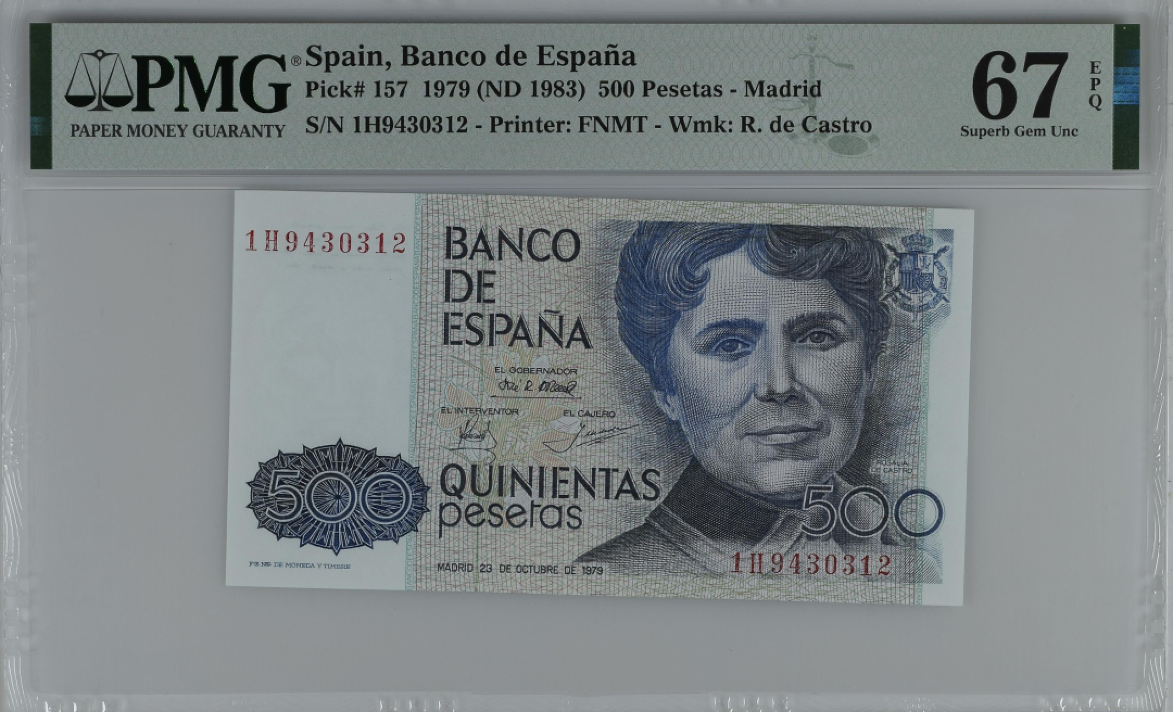 紫瑗钱币——第284期拍卖—纸币团购场 满10件包邮 【67 EPQ】西班牙 1979(1983)年 罗莎莉亚·德·卡斯特罗 500比塞塔 PMG 1H9430312