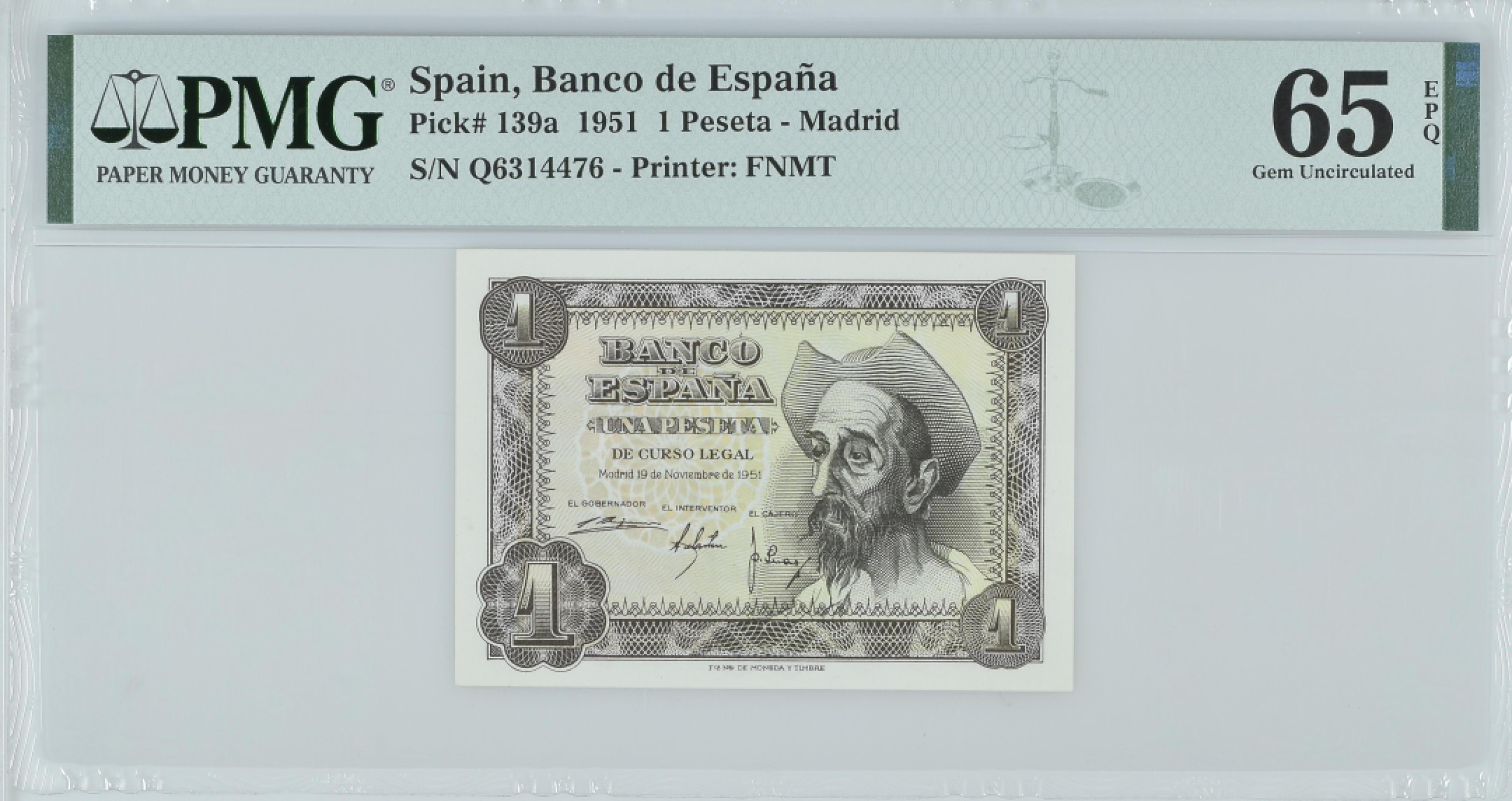 紫瑗钱币——第282期拍卖—纸币团购场（塞尔维亚 西班牙） 满10件包邮 【65 EPQ】西班牙 1951年 唐吉坷德 1比塞塔 PMG (p-139a) Q6314476