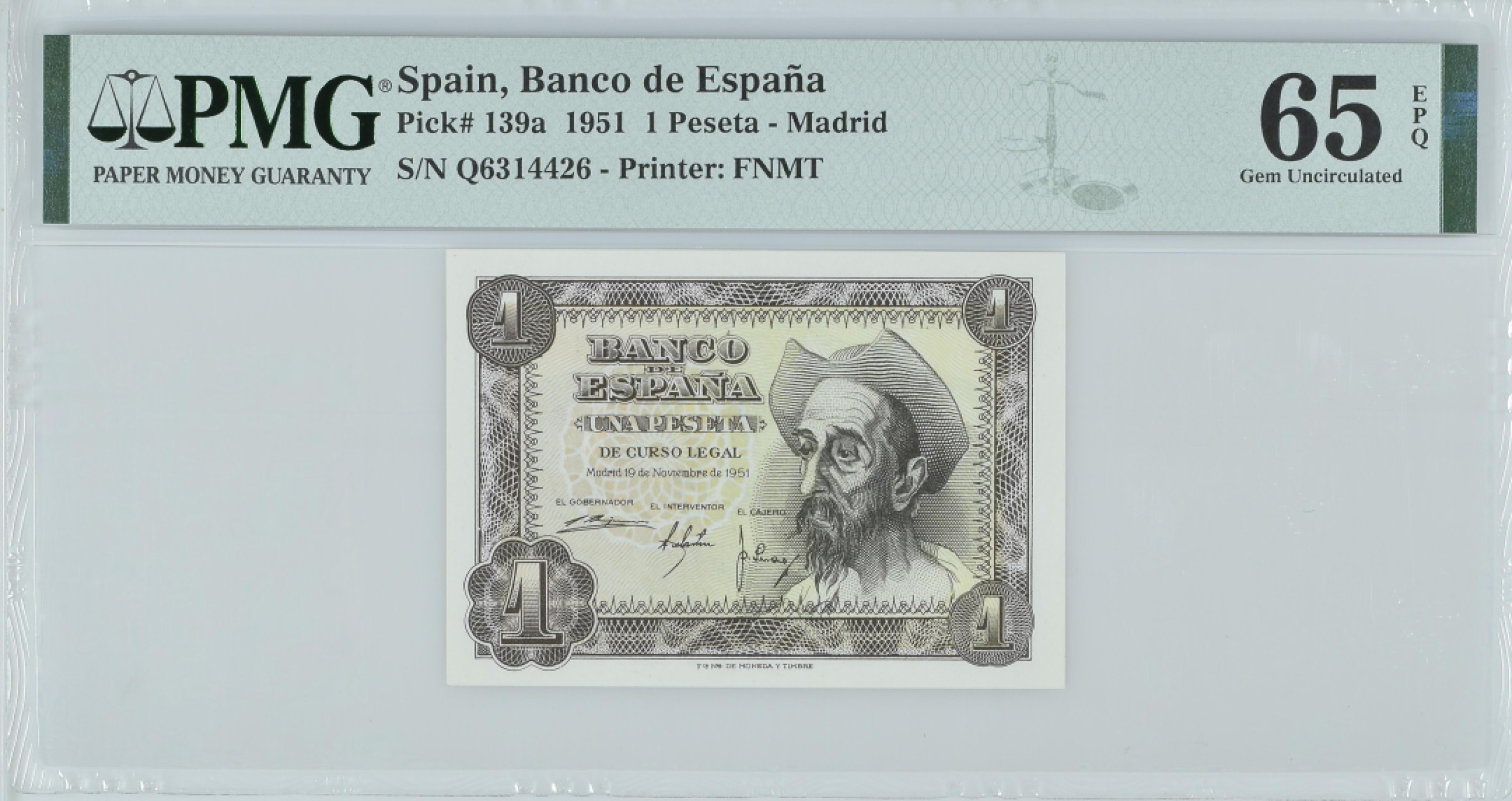 紫瑗钱币——第282期拍卖—纸币团购场（塞尔维亚 西班牙） 满10件包邮 【65 EPQ】西班牙 1951年 唐吉坷德 1比塞塔 PMG (p-139a) Q6314426