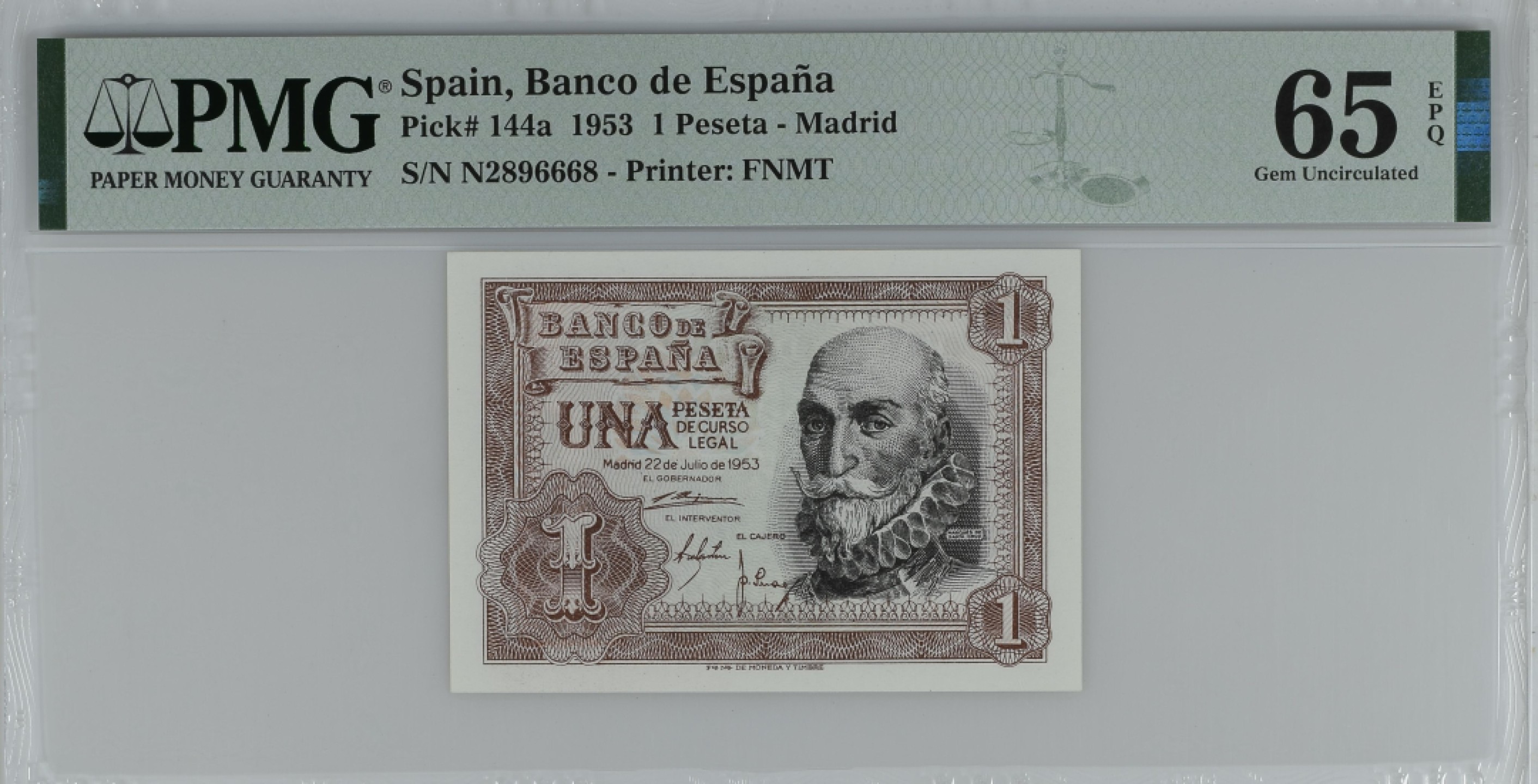 紫瑗钱币——第284期拍卖—纸币团购场 满10件包邮 【65 EPQ】西班牙 1953年  圣克鲁斯侯爵 阿尔瓦罗·德·巴赞 1比塞塔 PMG N2896668