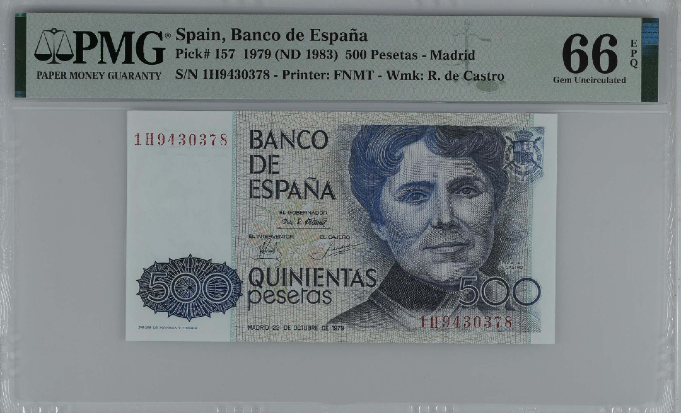 紫瑗钱币——第284期拍卖—纸币团购场 满10件包邮 【66 EPQ】西班牙 1979(1983)年 罗莎莉亚·德·卡斯特罗 500比塞塔 PMG 1H9430378