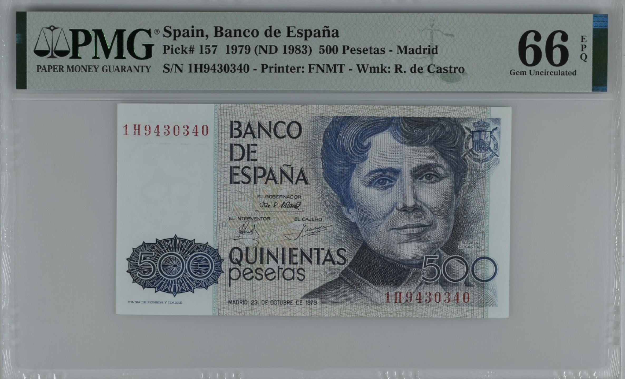 紫瑗钱币——第284期拍卖—纸币团购场 满10件包邮 【66 EPQ】西班牙 1979(1983)年 罗莎莉亚·德·卡斯特罗 500比塞塔 PMG 1H9430340