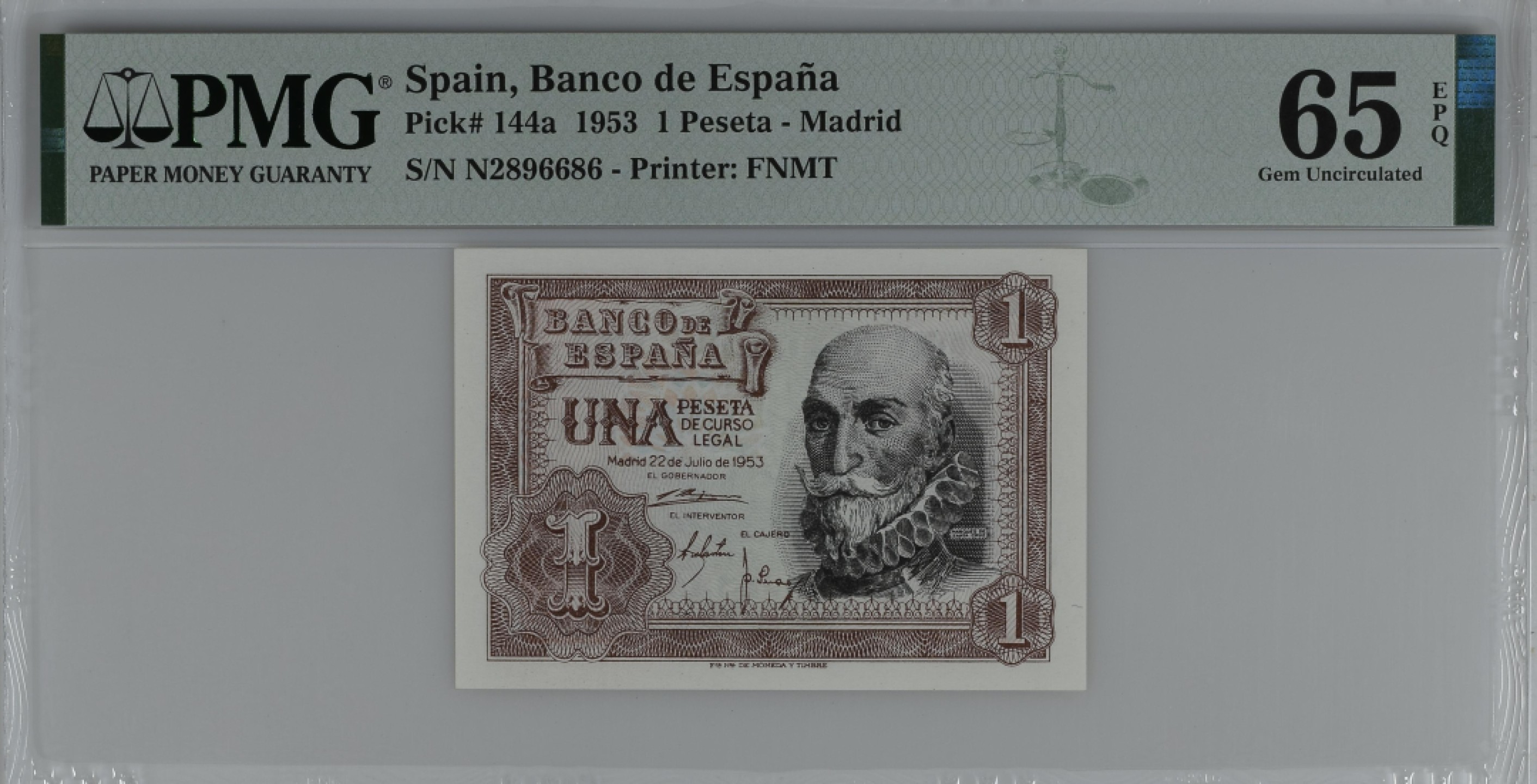 紫瑗钱币——第284期拍卖—纸币团购场 满10件包邮 【65 EPQ】西班牙 1953年  圣克鲁斯侯爵 阿尔瓦罗·德·巴赞 1比塞塔 PMG N2896686