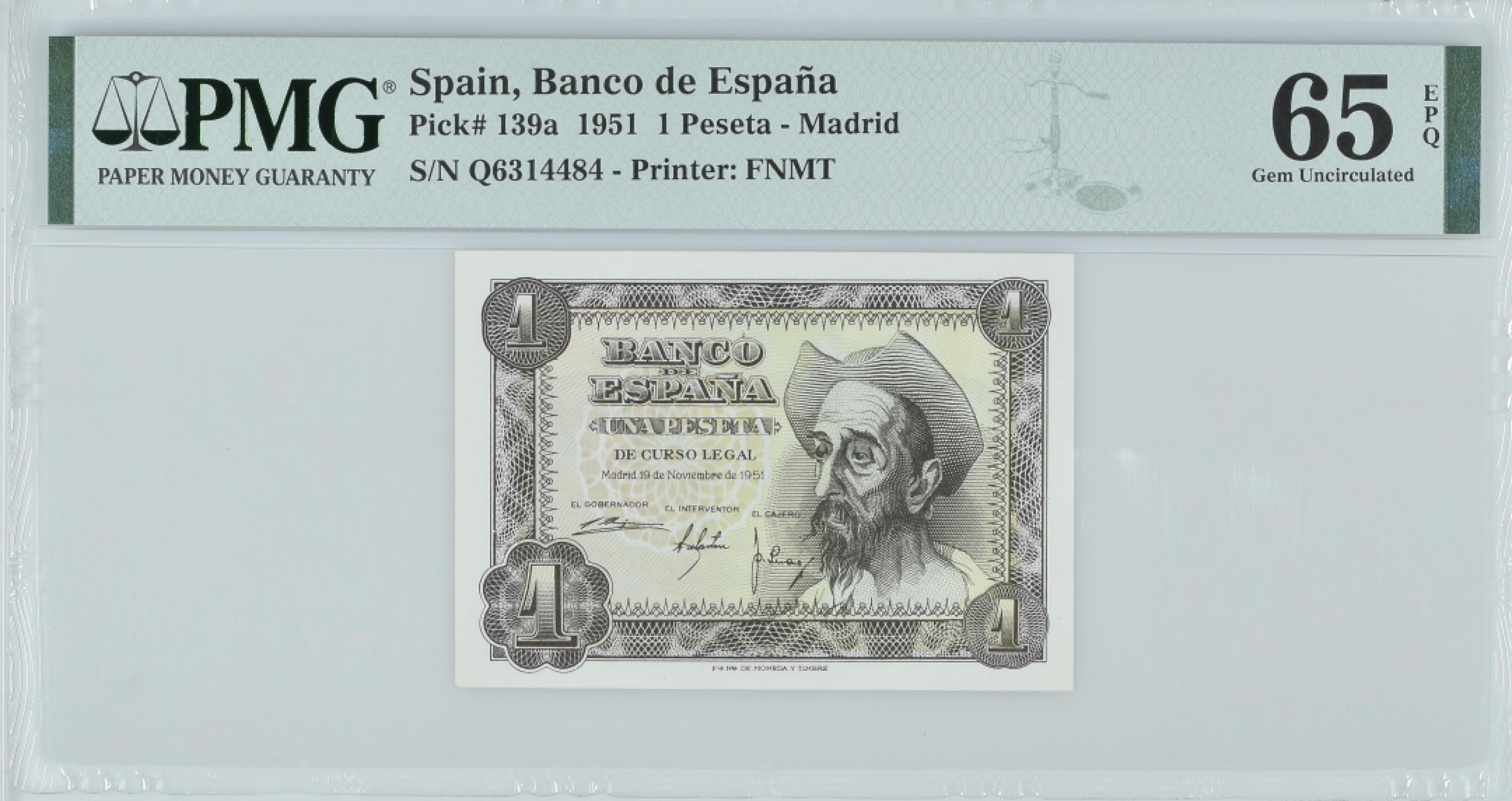 紫瑗钱币——第282期拍卖—纸币团购场（塞尔维亚 西班牙） 满10件包邮 【65 EPQ】西班牙 1951年 唐吉坷德 1比塞塔 PMG (p-139a) Q6314484