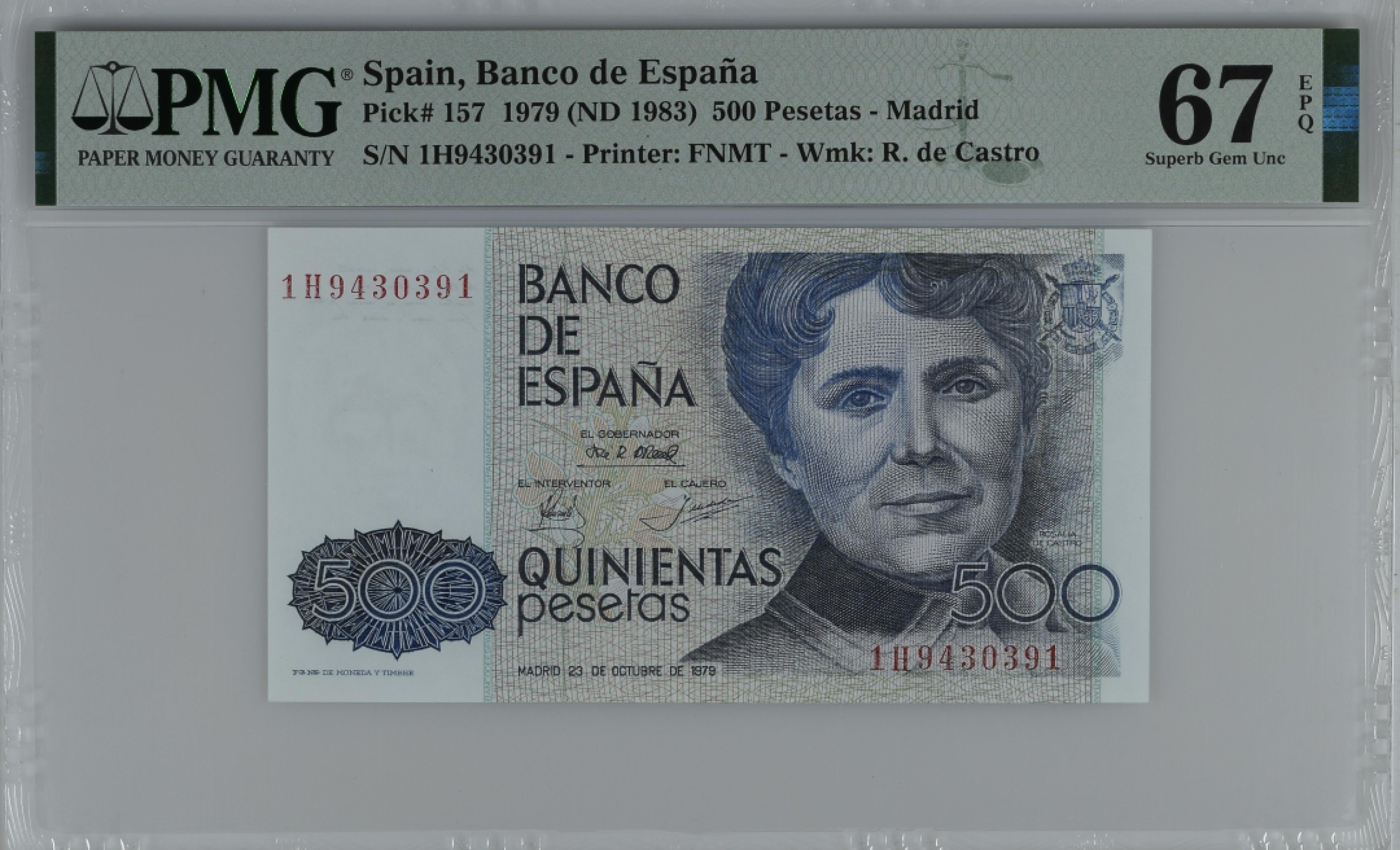 紫瑗钱币——第284期拍卖—纸币团购场 满10件包邮 【67 EPQ】西班牙 1979(1983)年 罗莎莉亚·德·卡斯特罗 500比塞塔 PMG 1H9430391