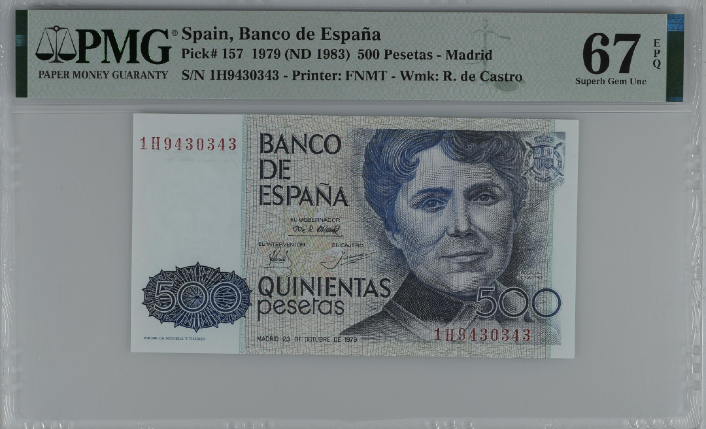 紫瑗钱币——第284期拍卖—纸币团购场 满10件包邮 【67 EPQ】西班牙 1979(1983)年 罗莎莉亚·德·卡斯特罗 500比塞塔 PMG 1H9430343