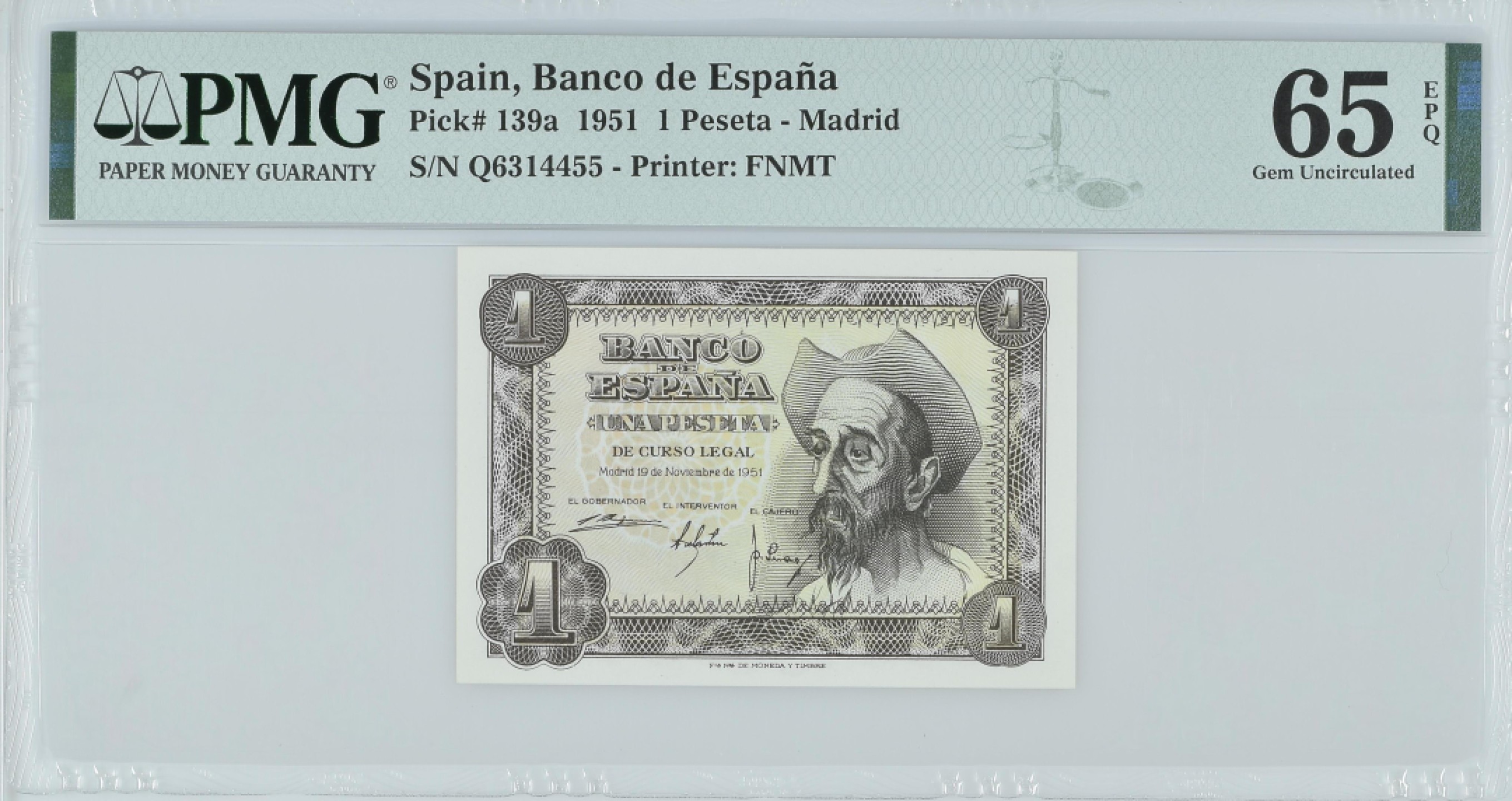 紫瑗钱币——第282期拍卖—纸币团购场（塞尔维亚 西班牙） 满10件包邮 【65 EPQ 叠尾5】西班牙 1951年 唐吉坷德 1比塞塔 PMG (p-139a) Q6314455