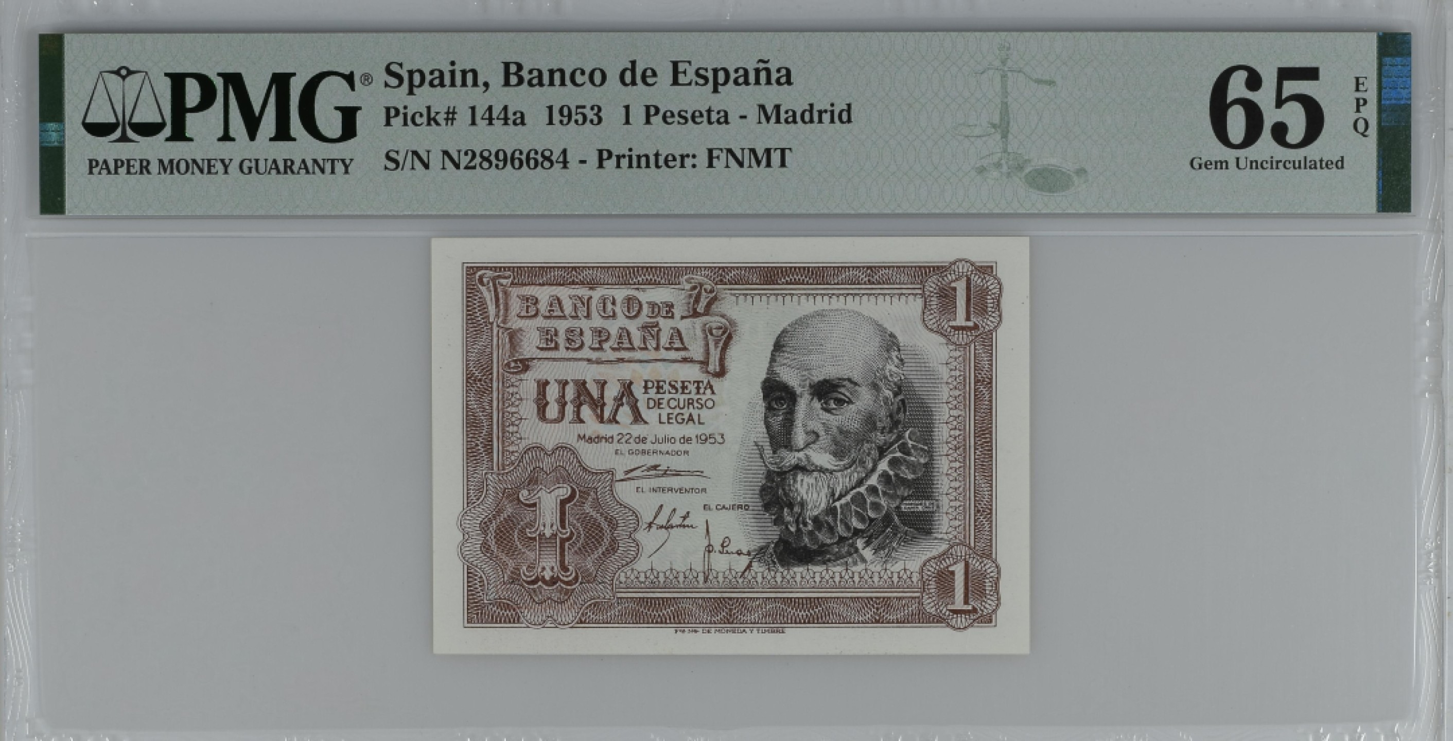 紫瑗钱币——第284期拍卖—纸币团购场 满10件包邮 【65 EPQ】西班牙 1953年  圣克鲁斯侯爵 阿尔瓦罗·德·巴赞 1比塞塔 PMG N2896684