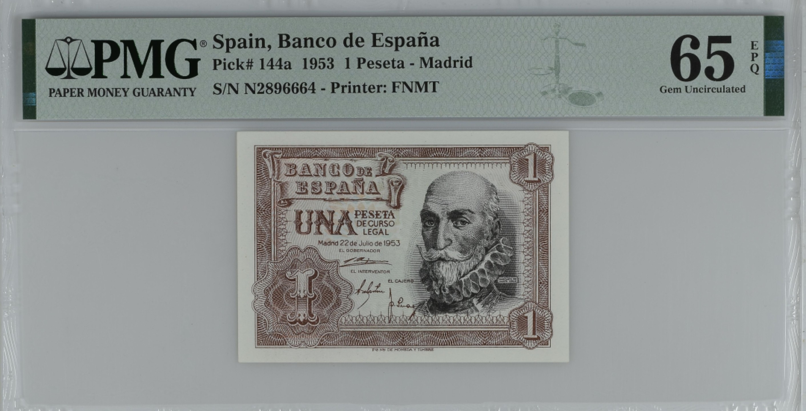 紫瑗钱币——第284期拍卖—纸币团购场 满10件包邮 【65 EPQ】西班牙 1953年  圣克鲁斯侯爵 阿尔瓦罗·德·巴赞 1比塞塔 PMG N2896664