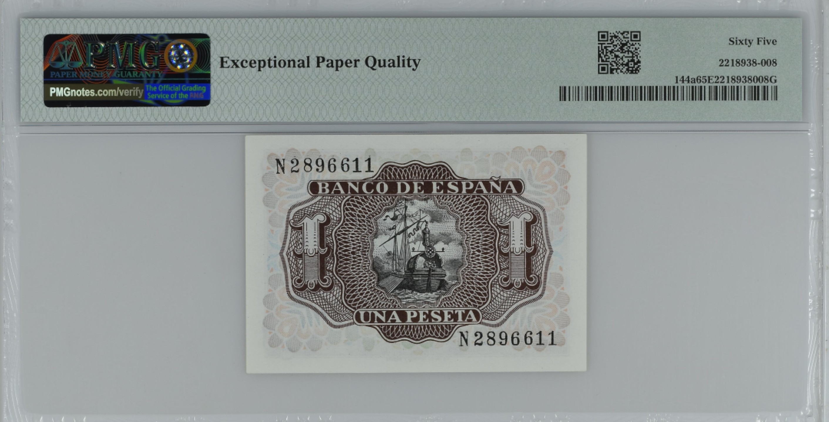 紫瑗钱币——第284期拍卖—纸币团购场 满10件包邮 【65 EPQ 叠尾1】西班牙 1953年  圣克鲁斯侯爵 阿尔瓦罗·德·巴赞 1比塞塔 PMG N2896611