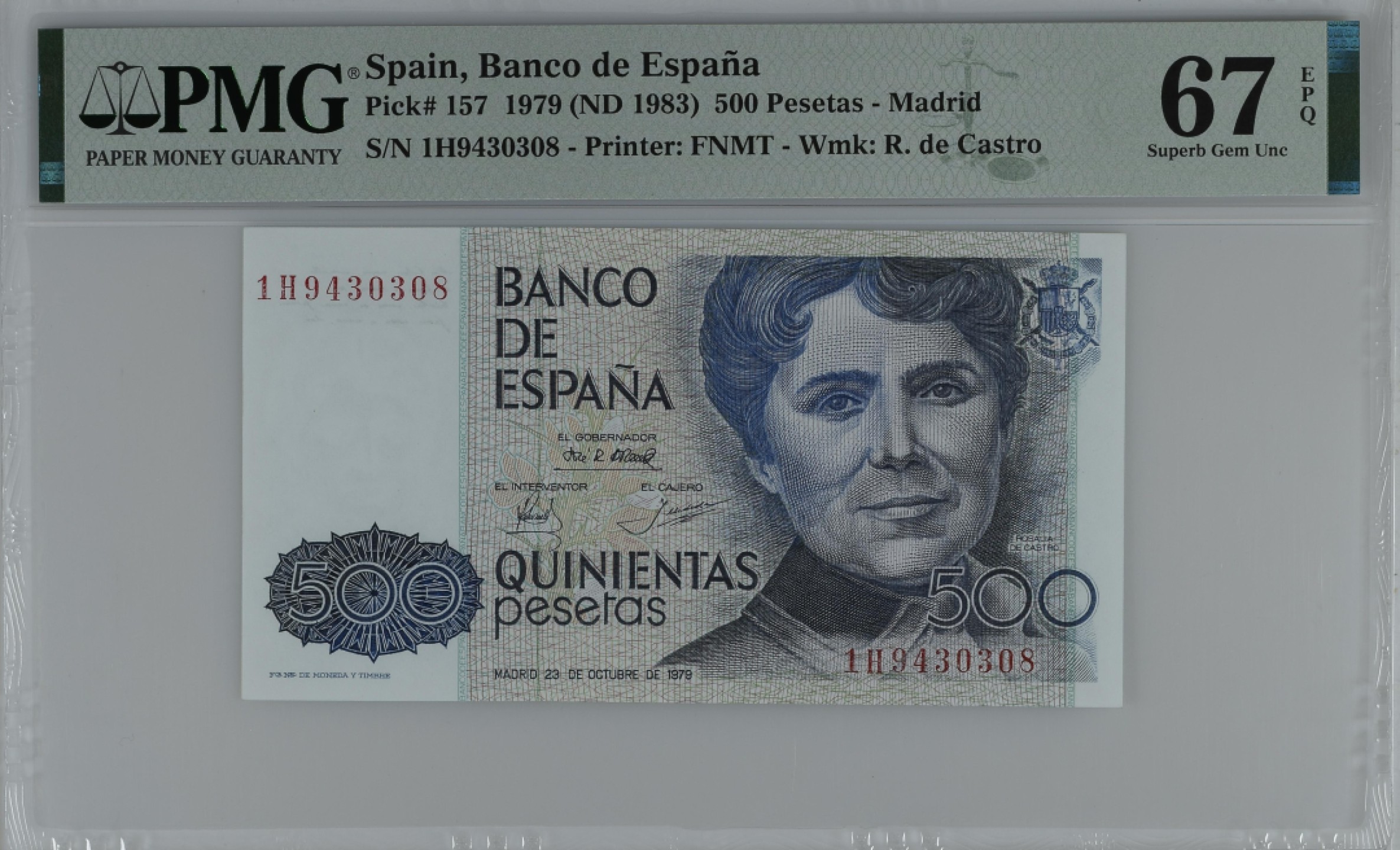 紫瑗钱币——第284期拍卖—纸币团购场 满10件包邮 【67 EPQ】西班牙 1979(1983)年 罗莎莉亚·德·卡斯特罗 500比塞塔 PMG 1H9430308