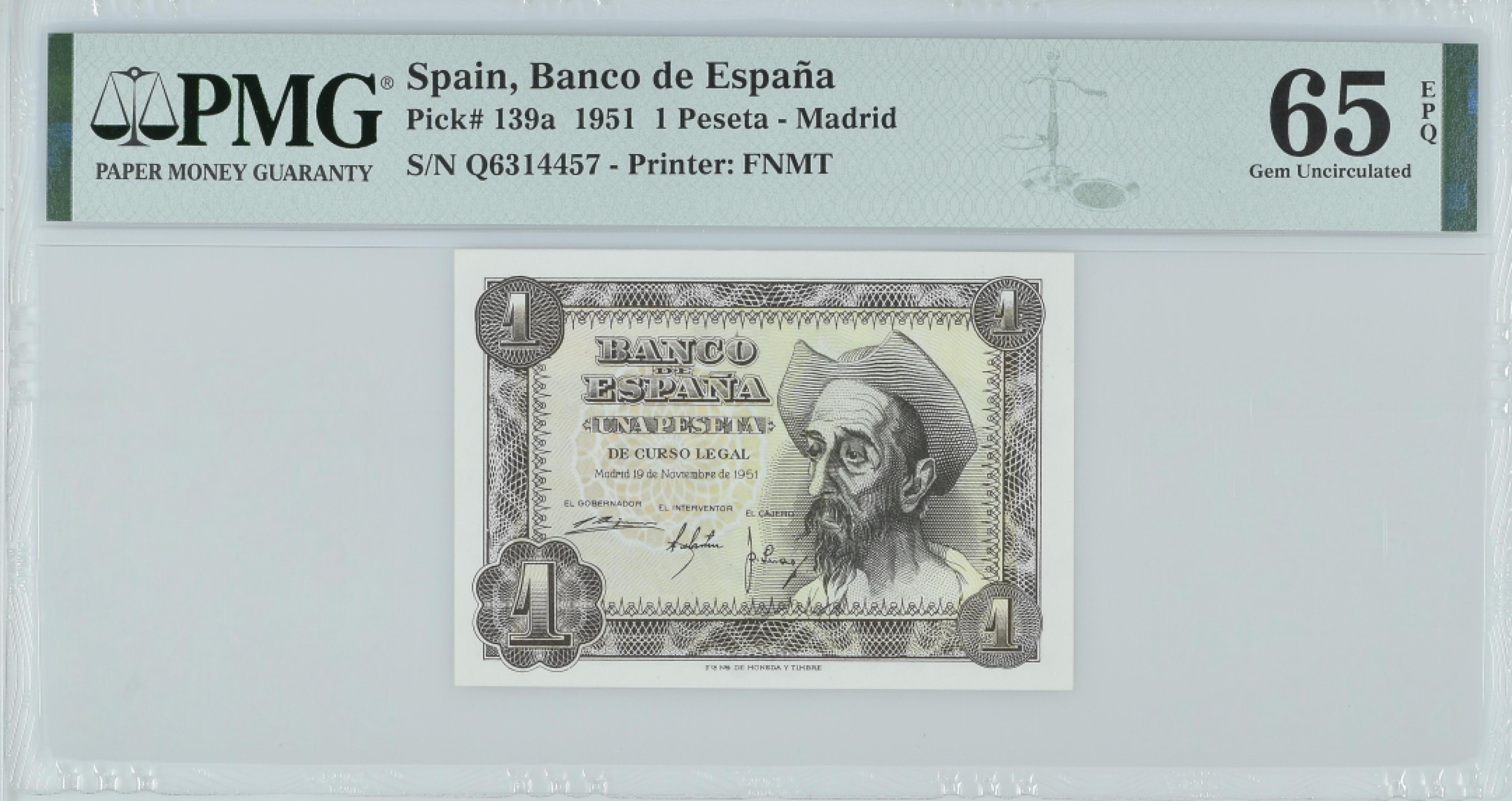 紫瑗钱币——第282期拍卖—纸币团购场（塞尔维亚 西班牙） 满10件包邮 【65 EPQ】西班牙 1951年 唐吉坷德 1比塞塔 PMG (p-139a) Q6314457