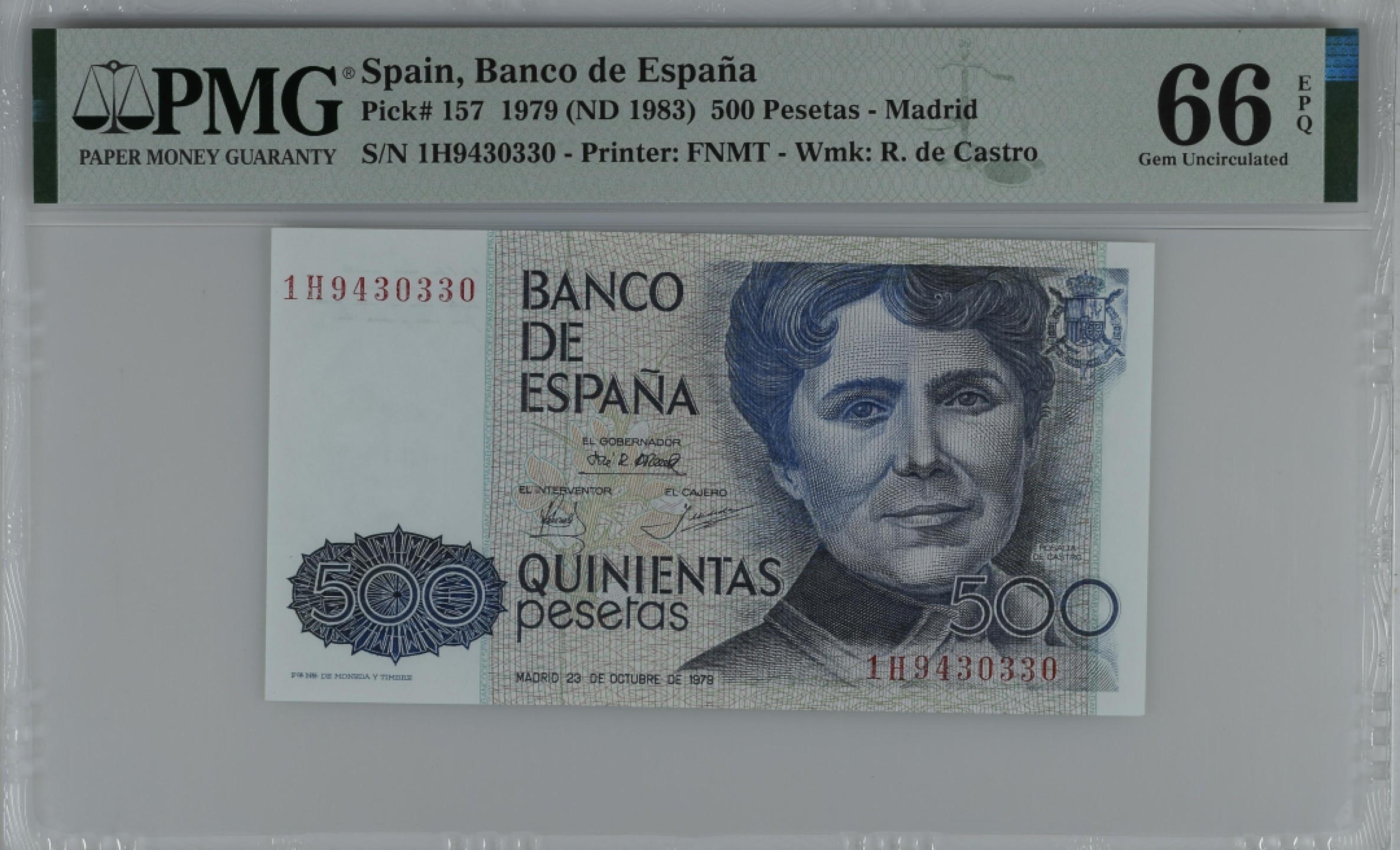 紫瑗钱币——第284期拍卖—纸币团购场 满10件包邮 【66 EPQ】西班牙 1979(1983)年 罗莎莉亚·德·卡斯特罗 500比塞塔 PMG 1H9430330