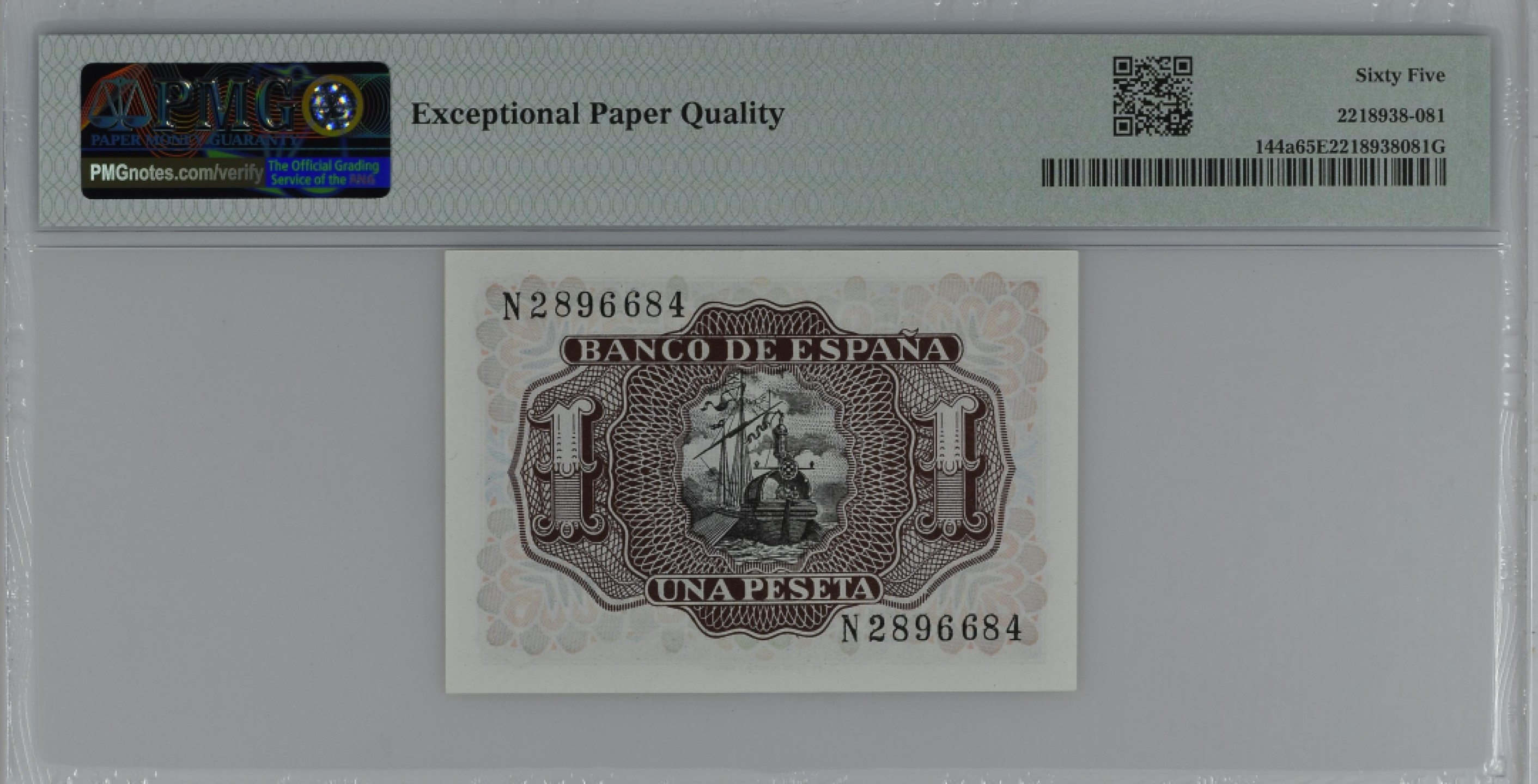 紫瑗钱币——第284期拍卖—纸币团购场 满10件包邮 【65 EPQ】西班牙 1953年  圣克鲁斯侯爵 阿尔瓦罗·德·巴赞 1比塞塔 PMG N2896684