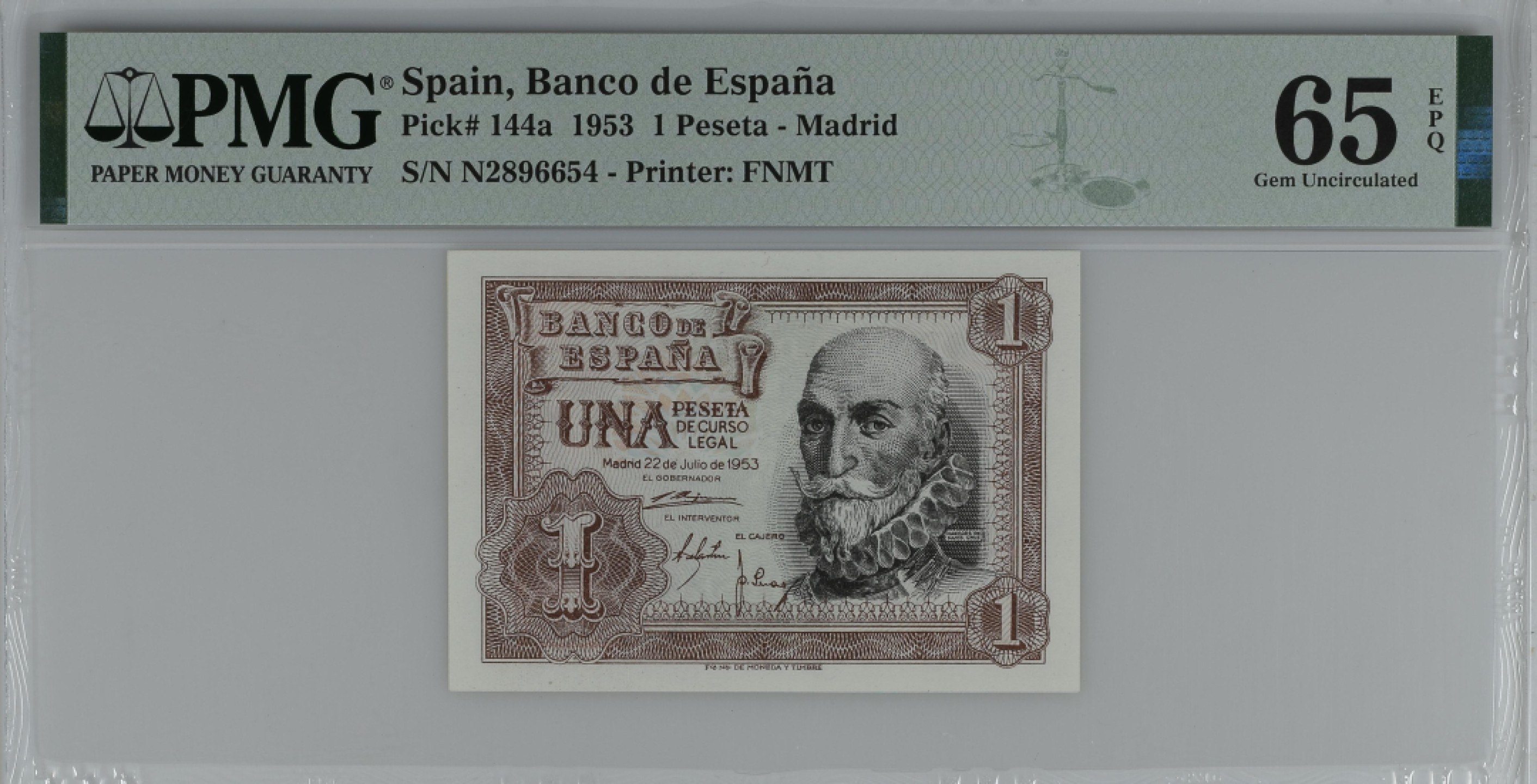 紫瑗钱币——第284期拍卖—纸币团购场 满10件包邮 【65 EPQ】西班牙 1953年  圣克鲁斯侯爵 阿尔瓦罗·德·巴赞 1比塞塔 PMG N2896654
