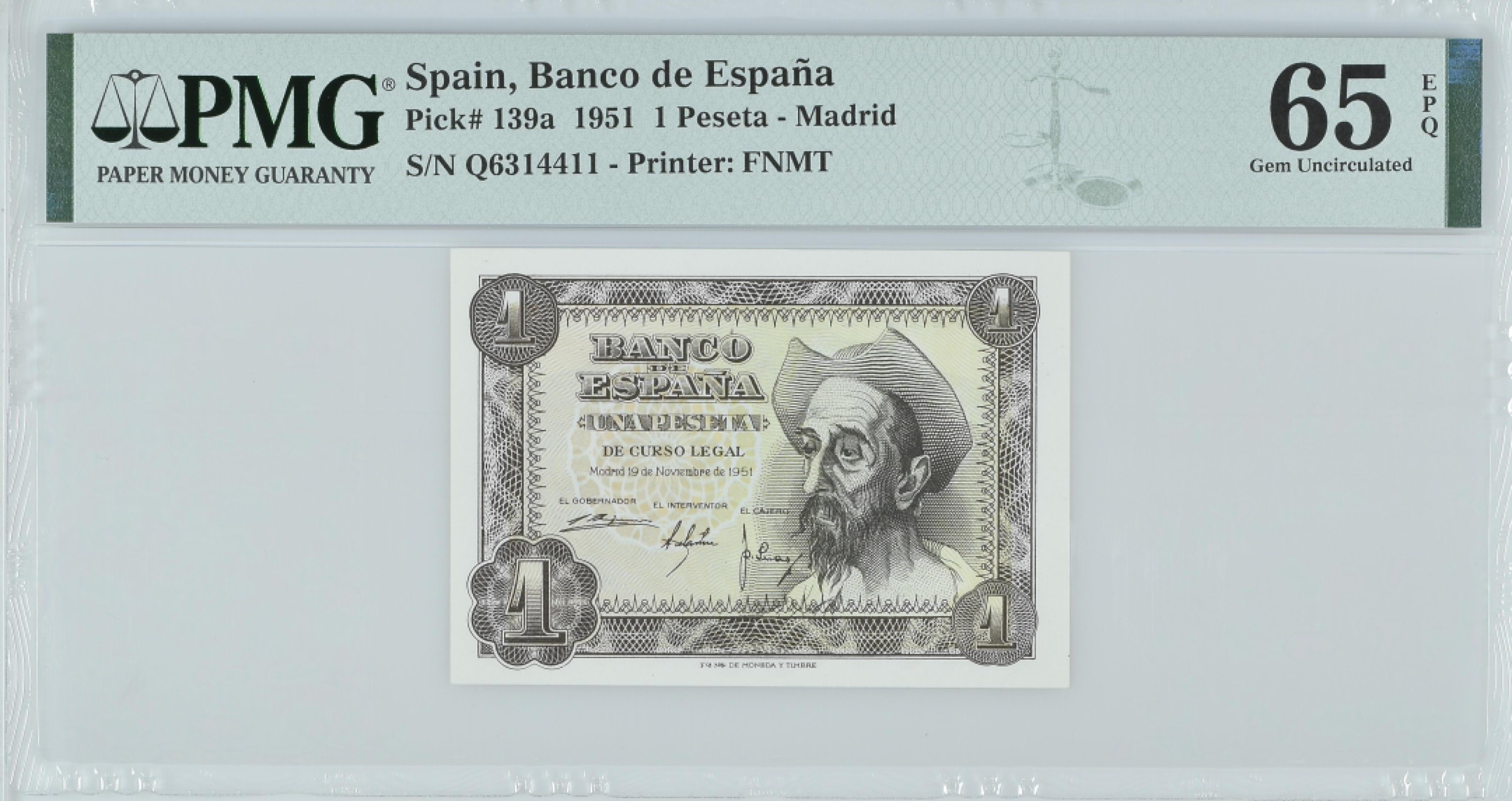 紫瑗钱币——第282期拍卖—纸币团购场（塞尔维亚 西班牙） 满10件包邮 【65 EPQ 叠尾1】西班牙 1951年 唐吉坷德 1比塞塔 PMG (p-139a) Q6314411