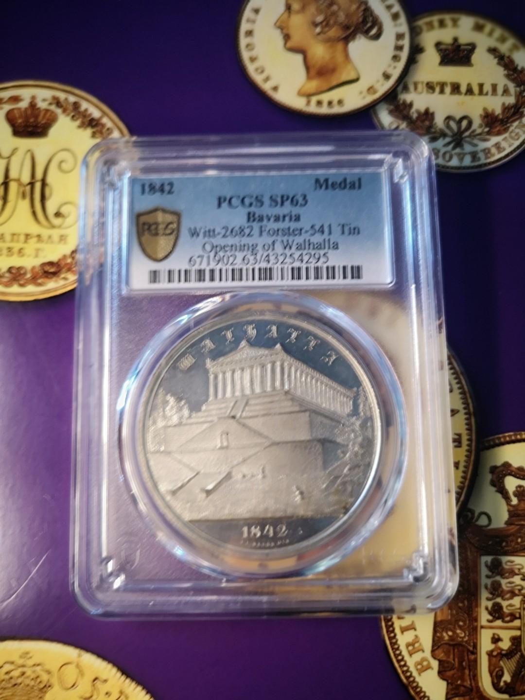 长老汇精品老银币系列 德国1842巴伐利亚瓦哈拉纪念锡章，PCGS SP63