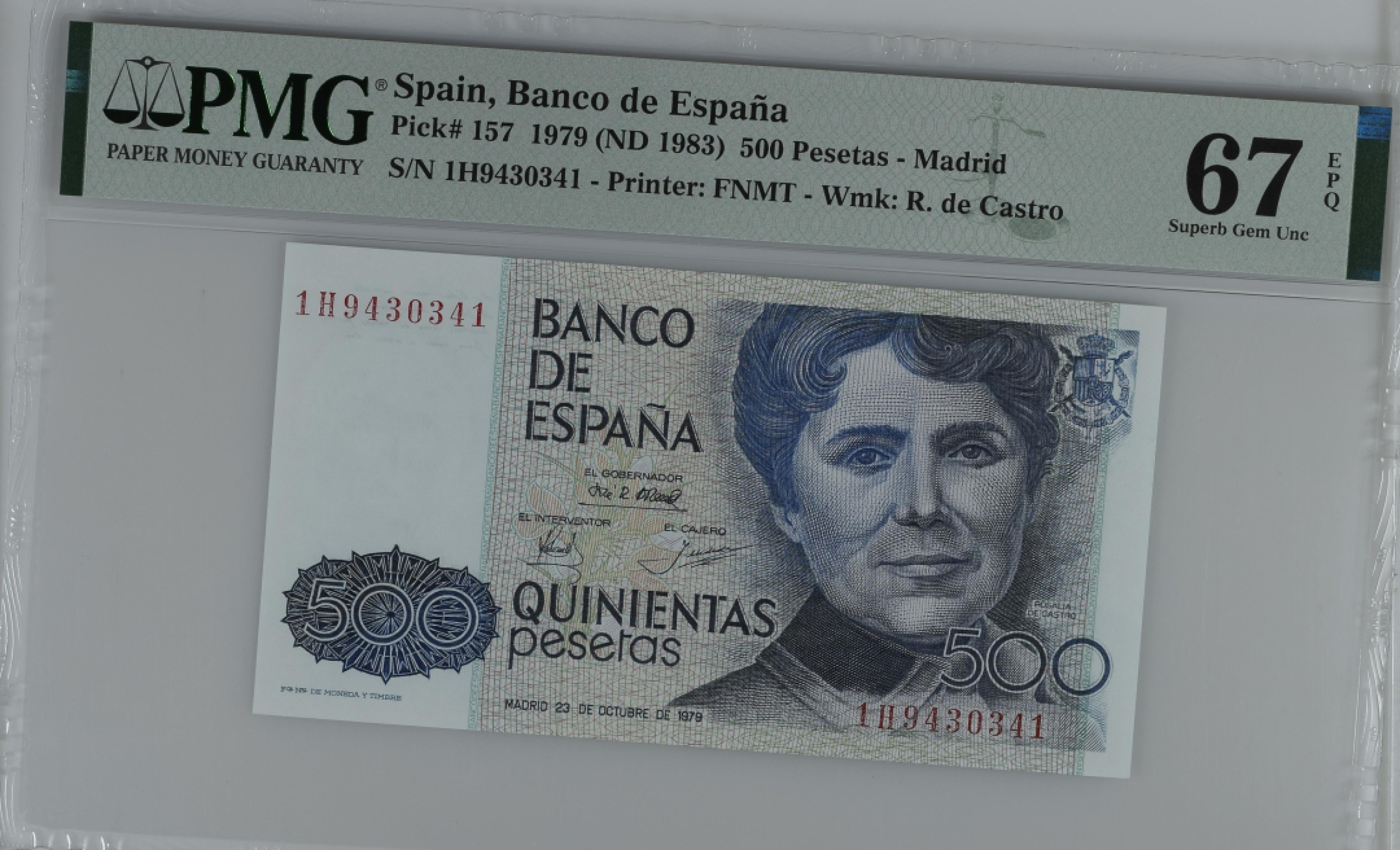 紫瑗钱币——第284期拍卖—纸币团购场 满10件包邮 【67 EPQ】西班牙 1979(1983)年 罗莎莉亚·德·卡斯特罗 500比塞塔 PMG 1H9430341
