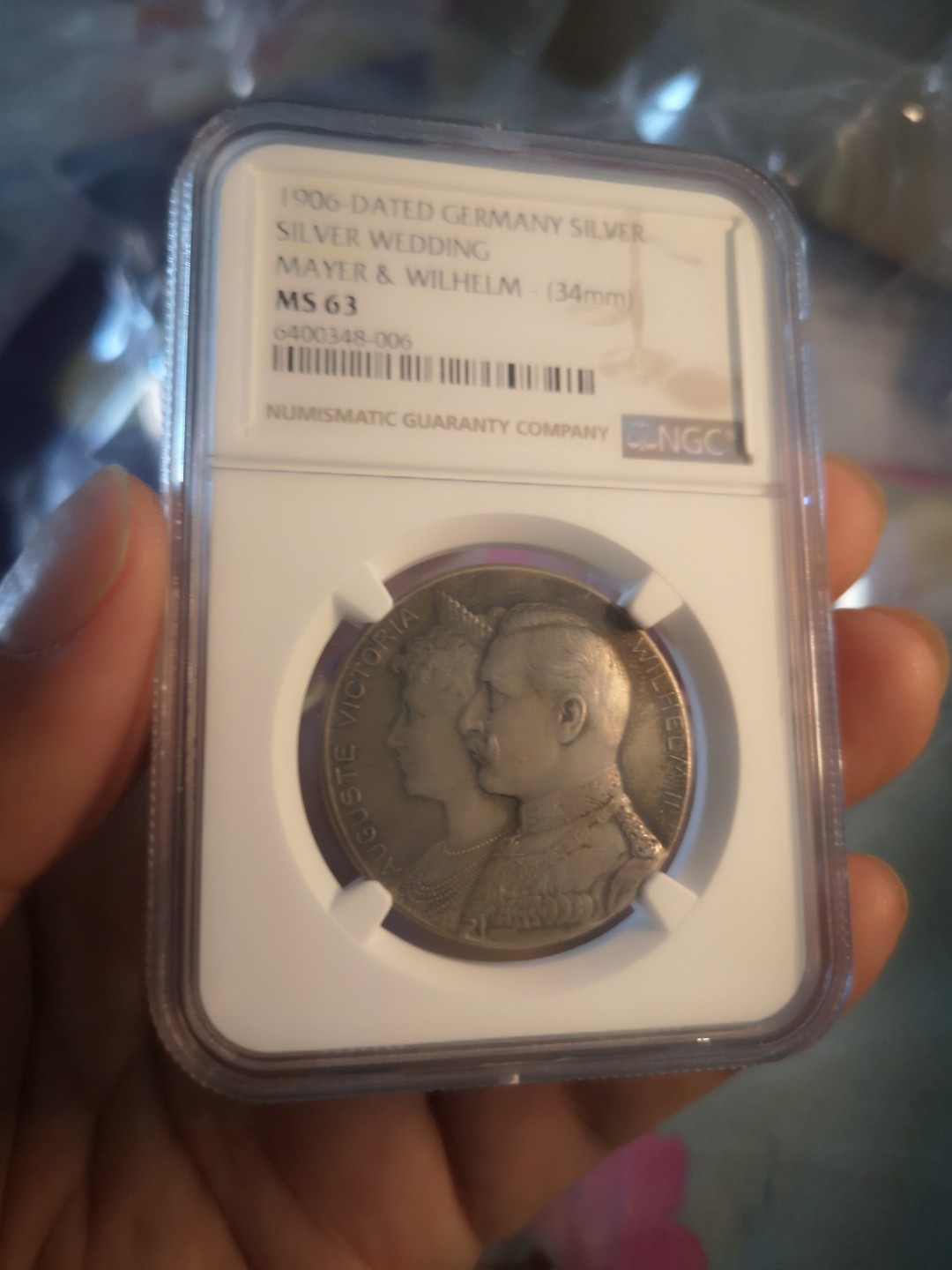 长老汇精品老银币系列 德国1906德皇威廉二世夫妇银婚纪念银章，背面天使图案，NGC MS63