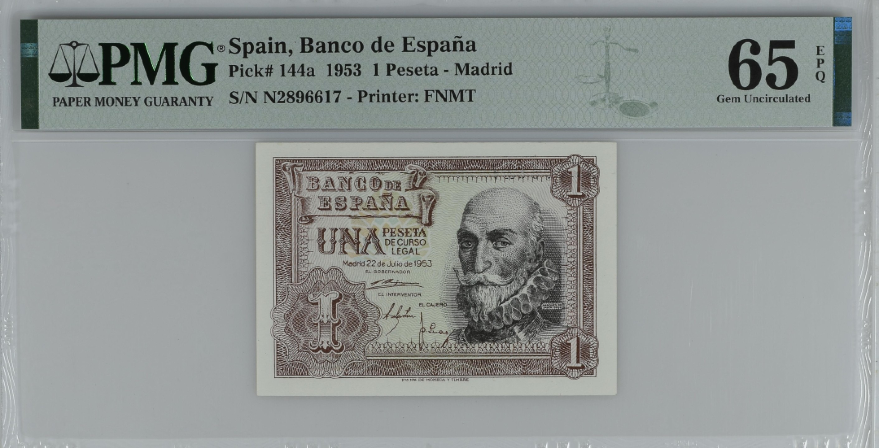紫瑗钱币——第284期拍卖—纸币团购场 满10件包邮 【65 EPQ】西班牙 1953年  圣克鲁斯侯爵 阿尔瓦罗·德·巴赞 1比塞塔 PMG N2896617