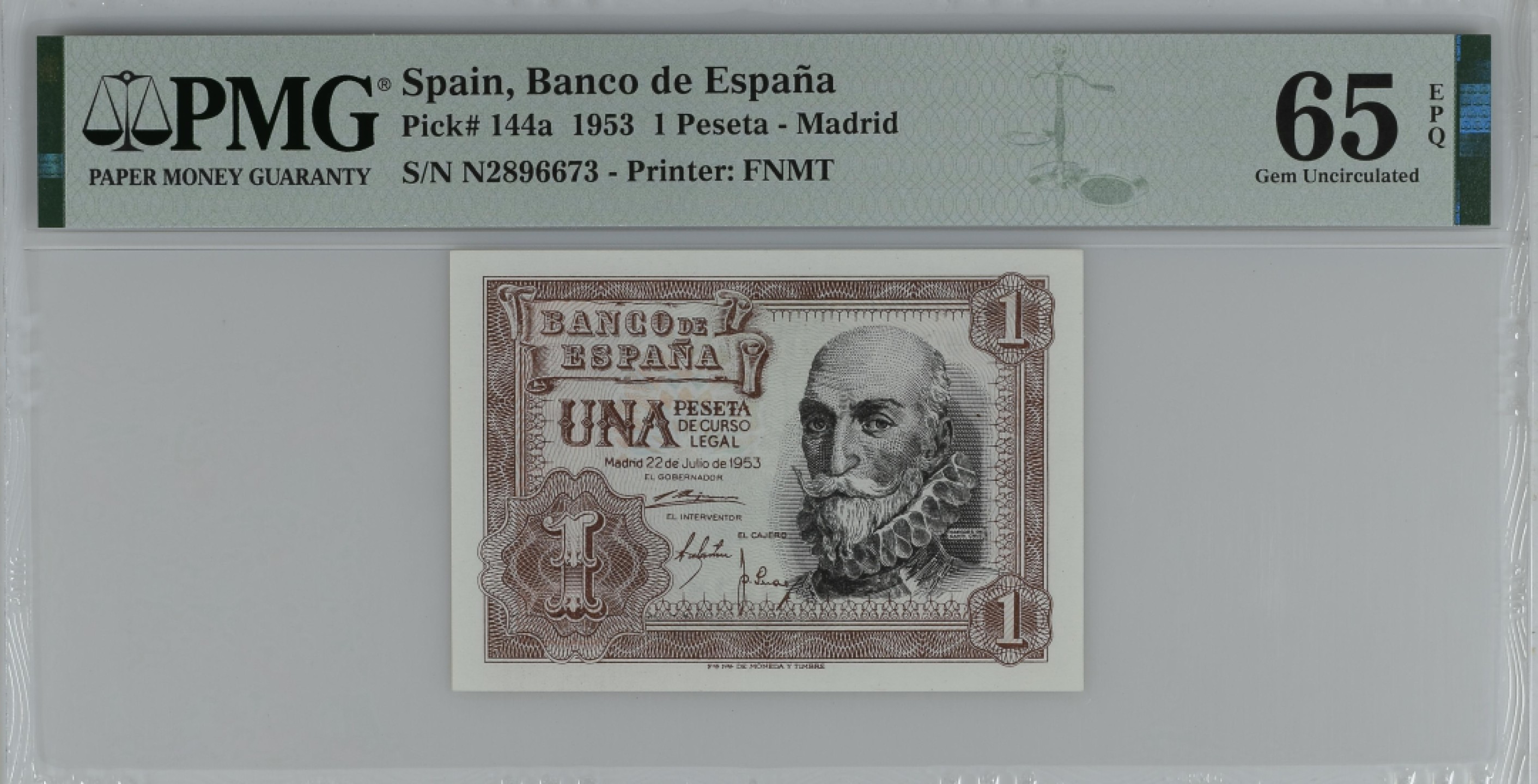 紫瑗钱币——第284期拍卖—纸币团购场 满10件包邮 【65 EPQ】西班牙 1953年  圣克鲁斯侯爵 阿尔瓦罗·德·巴赞 1比塞塔 PMG N2896673
