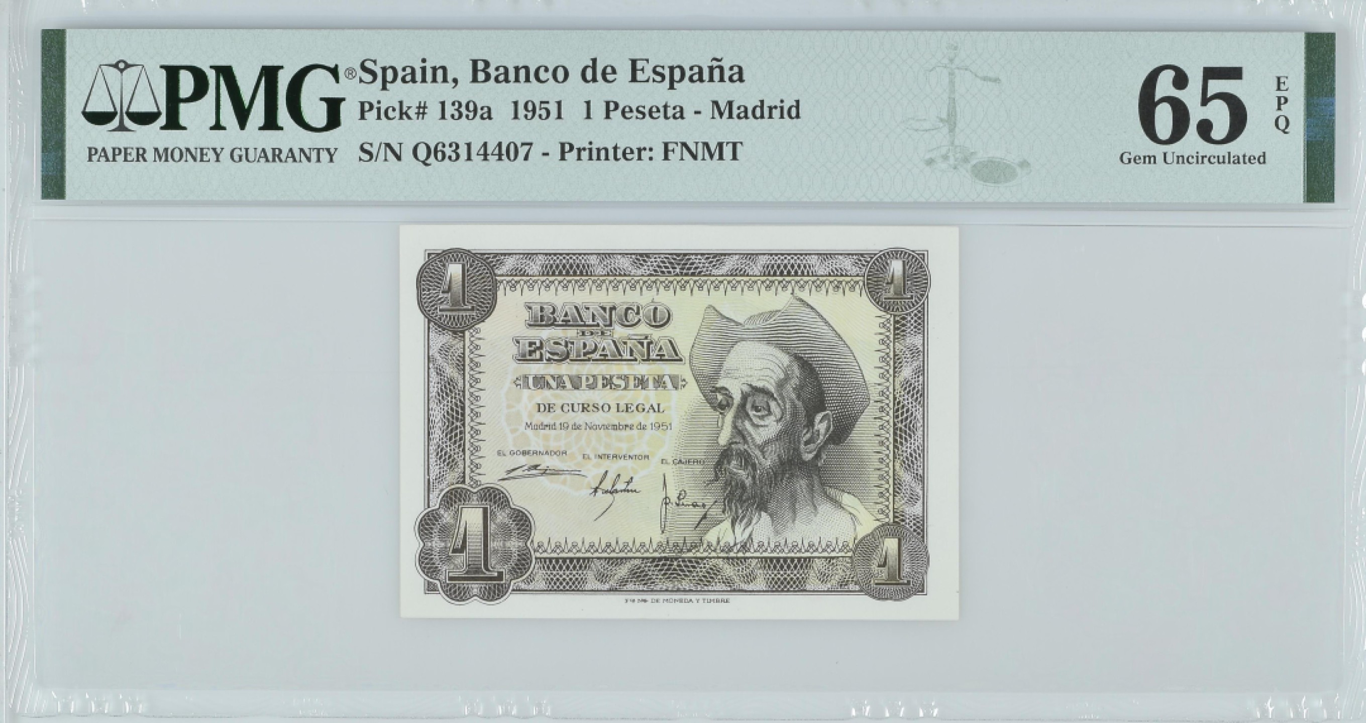 紫瑗钱币——第282期拍卖—纸币团购场（塞尔维亚 西班牙） 满10件包邮 【65 EPQ】西班牙 1951年 唐吉坷德 1比塞塔 PMG (p-139a) Q6314407