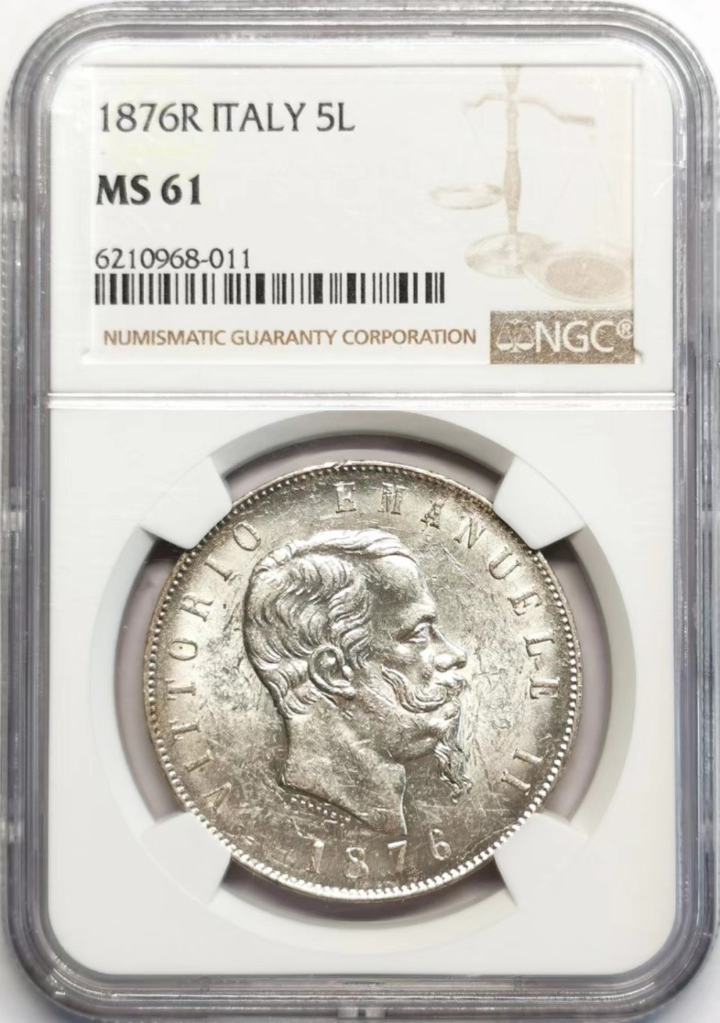 凡希社世界钱币微拍第二百四十二期 1876R意大利埃曼努尔5里拉大银NGC-MS61原银光品！