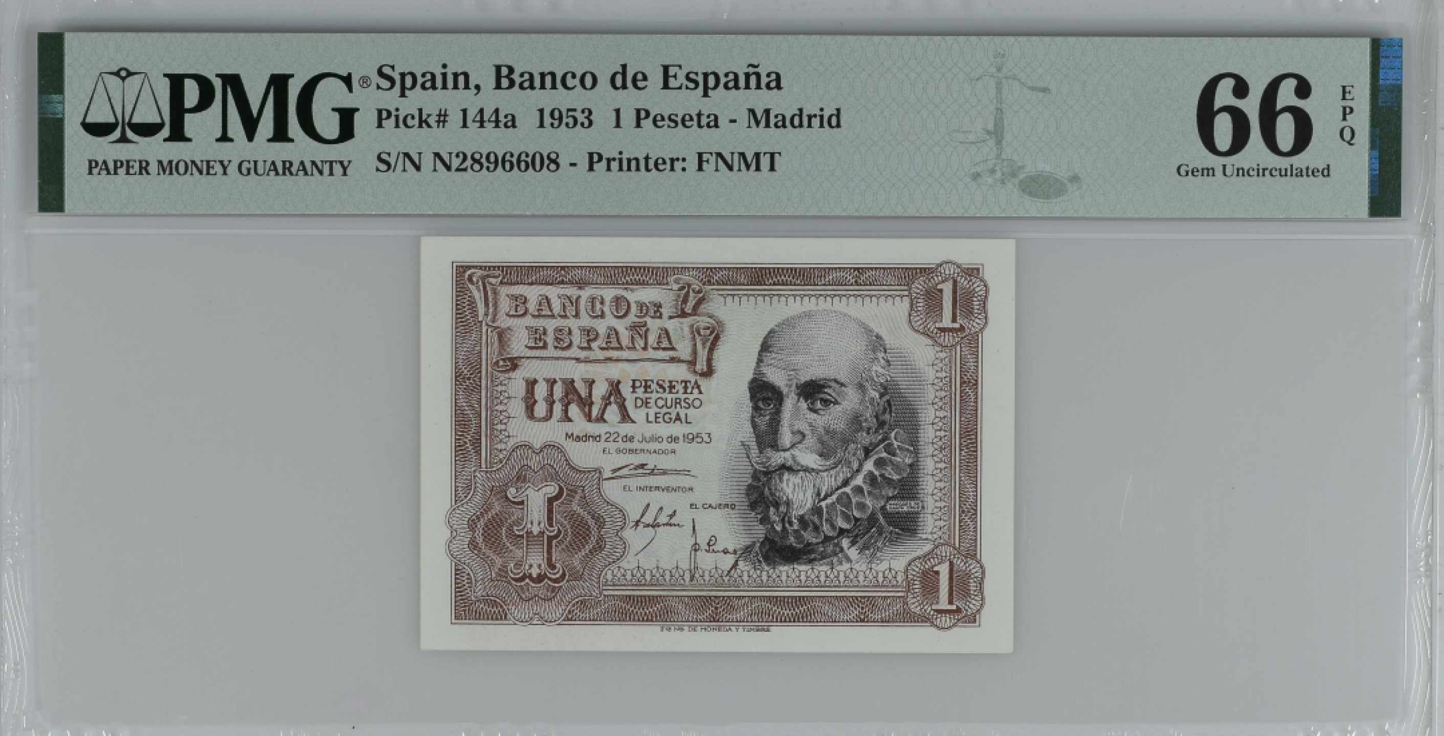 紫瑗钱币——第284期拍卖—纸币团购场 满10件包邮 【66 EPQ】西班牙 1953年  圣克鲁斯侯爵 阿尔瓦罗·德·巴赞 1比塞塔 PMG N2896608