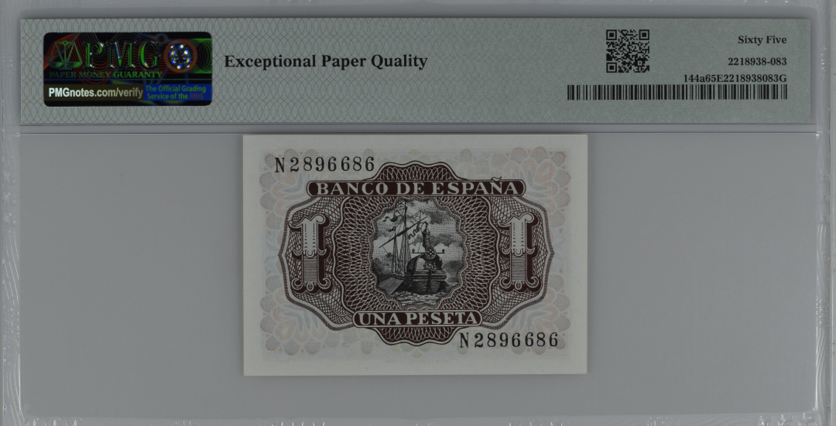 紫瑗钱币——第284期拍卖—纸币团购场 满10件包邮 【65 EPQ】西班牙 1953年  圣克鲁斯侯爵 阿尔瓦罗·德·巴赞 1比塞塔 PMG N2896686